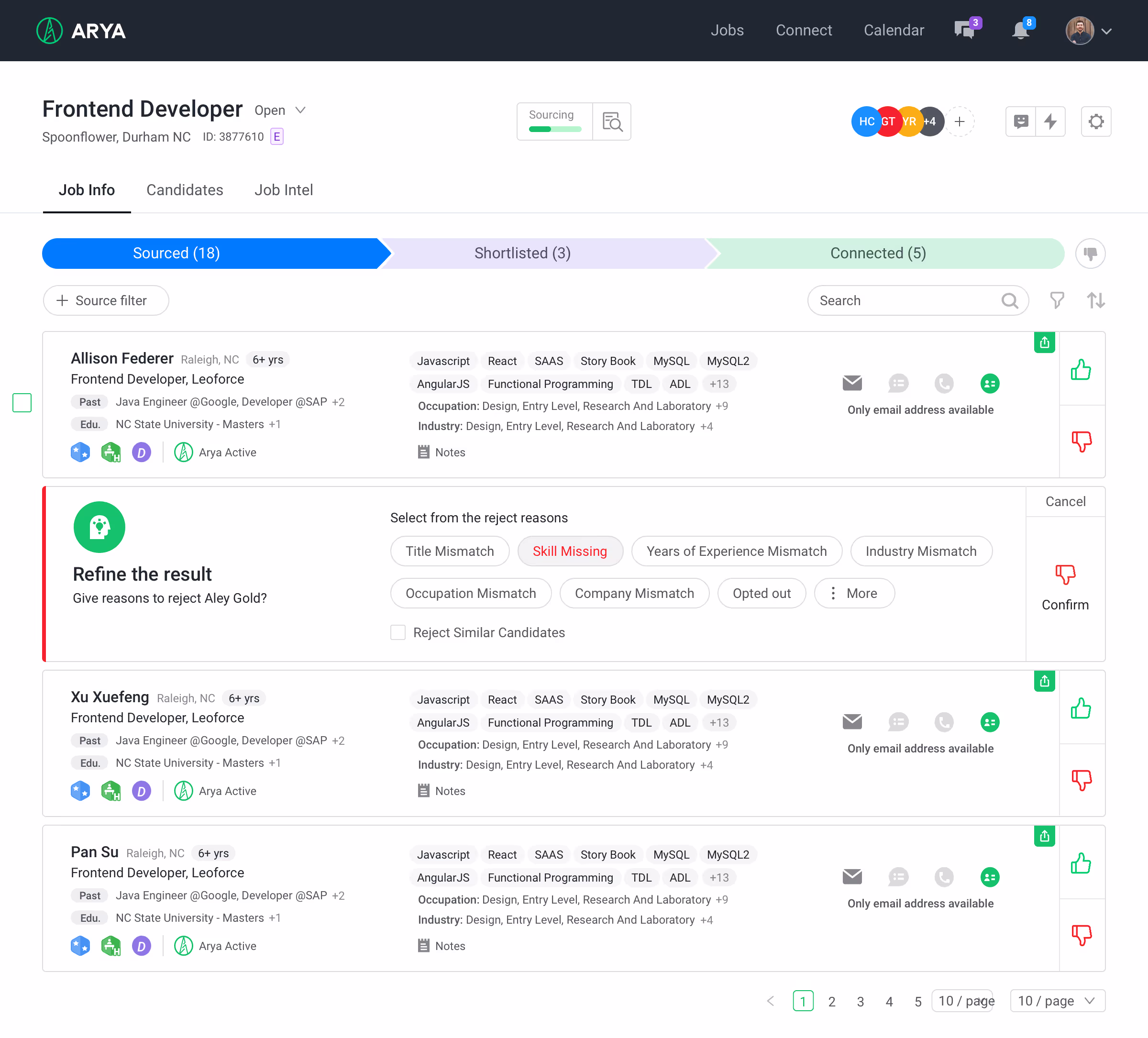 Arya candidate sourcing list for a job, with a reject-reason panel open