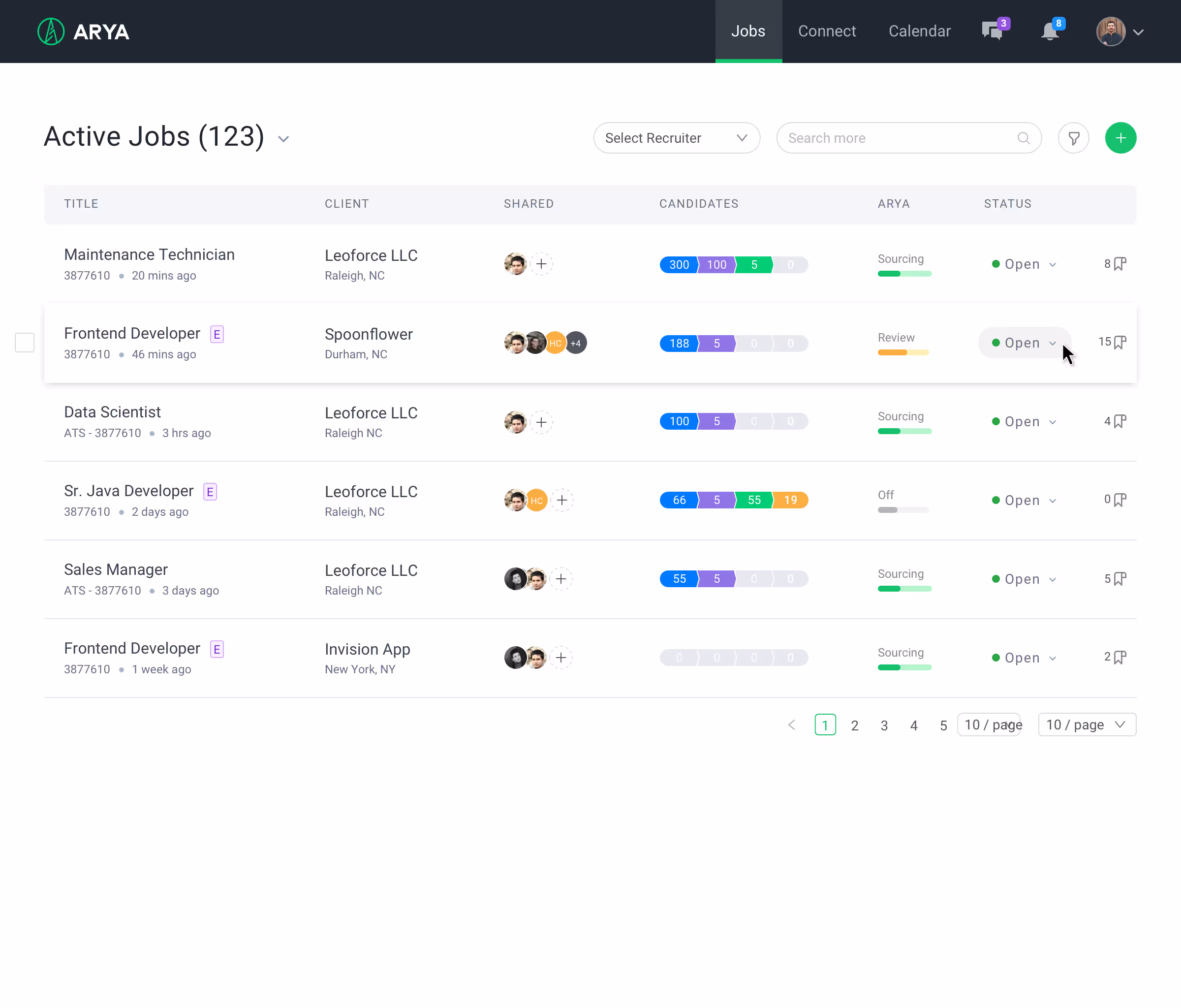 Arya Jobs list showing active recruiting jobs with candidate pipeline counts and status
