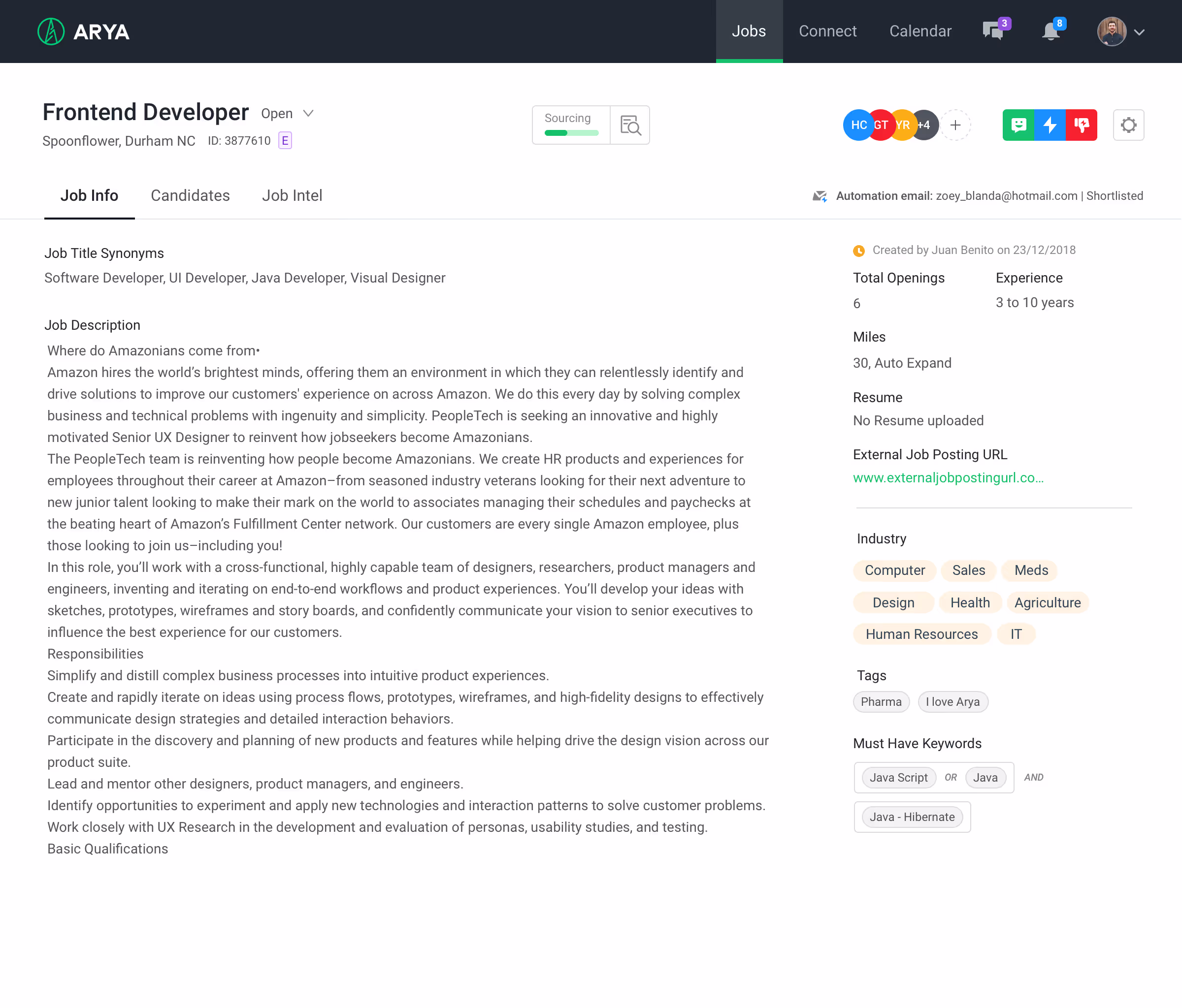 Arya job detail screen showing a job description and requirements under the Job Info tab