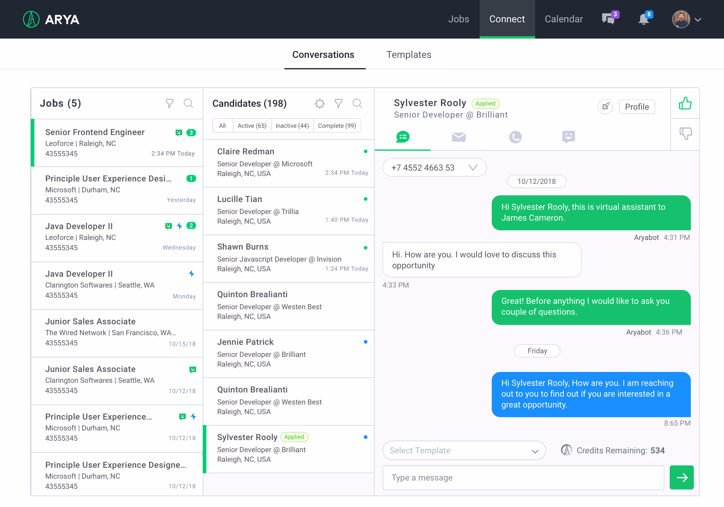 Arya Connect screen showing a candidate conversation thread with the Aryabot virtual assistant