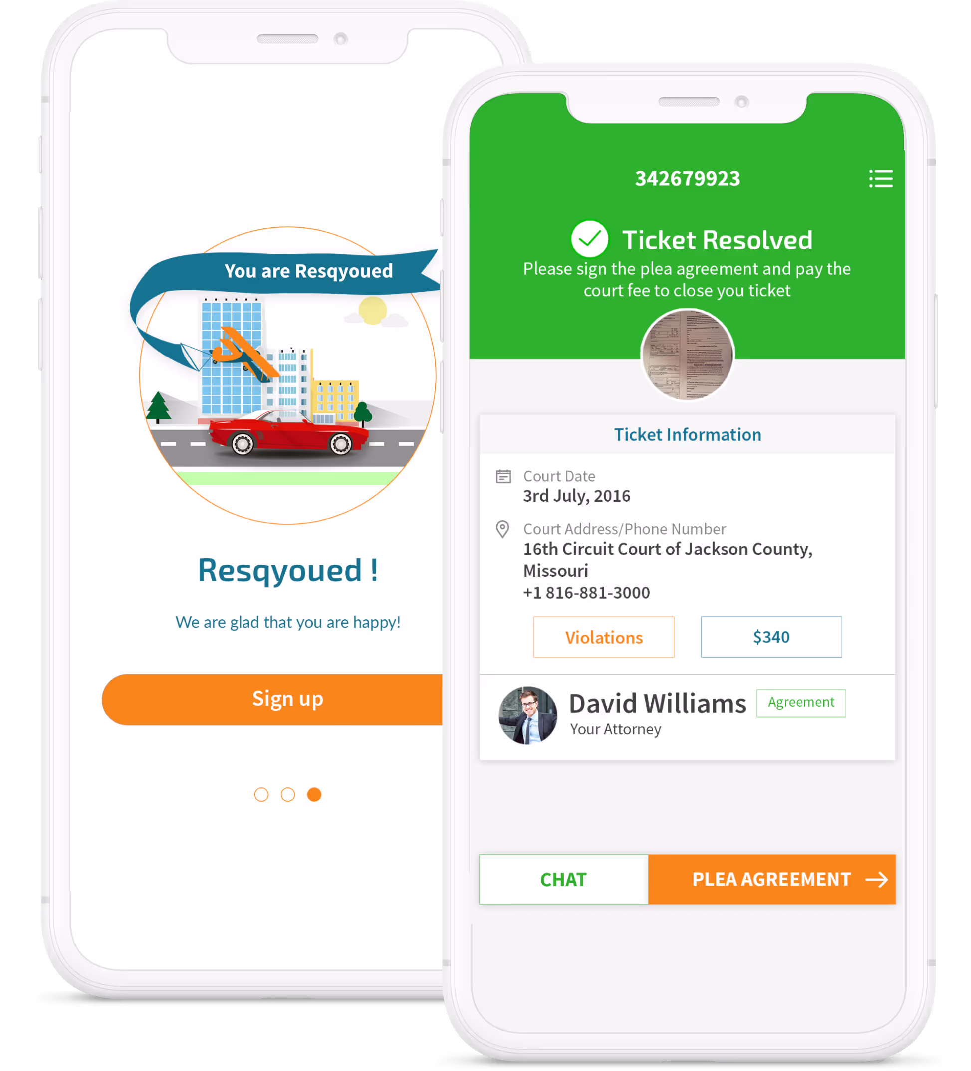 Resqyou legal assistance product screens
