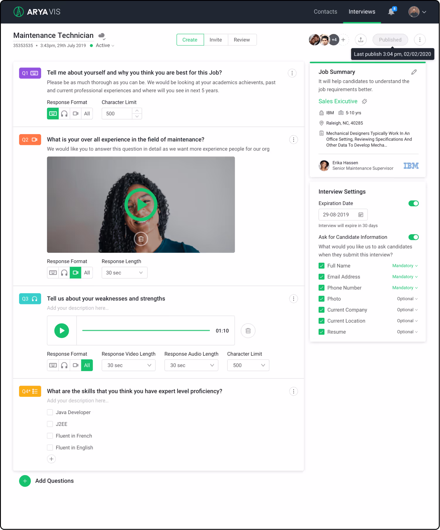 Arya Impression offline hiring product screens