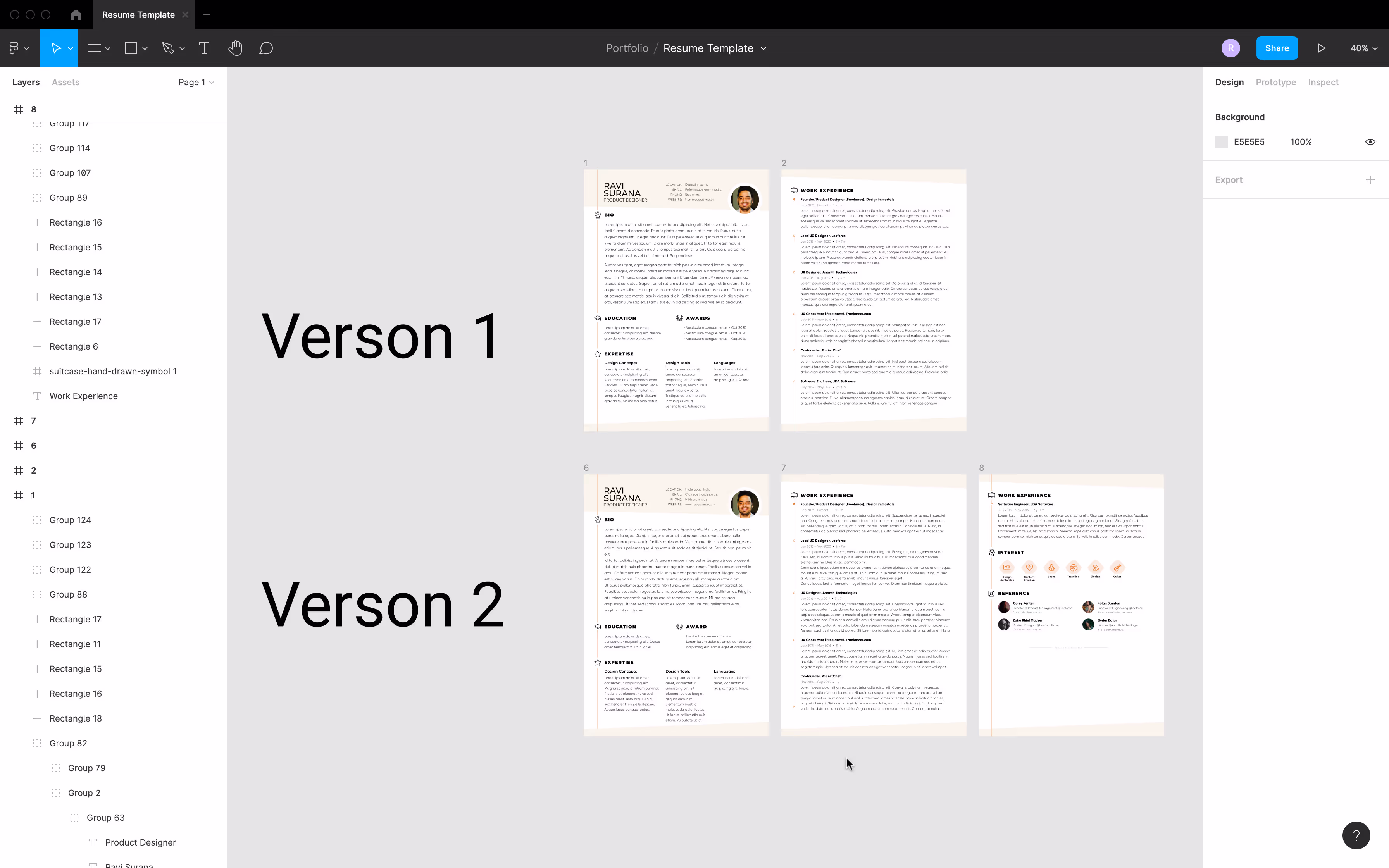 Figma file showing two resume template versions side by side
