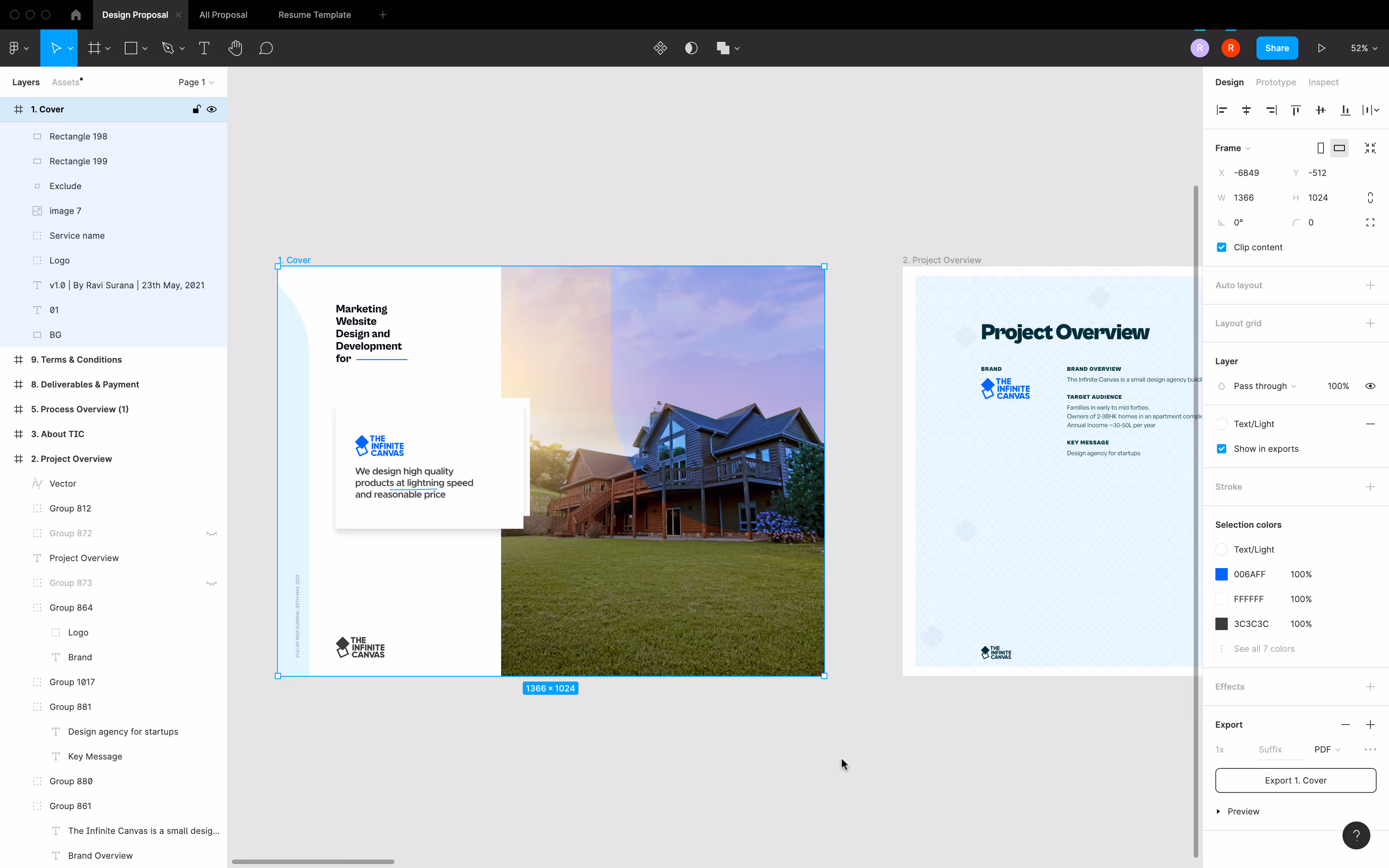 Figma file showing a design proposal document with a project overview page