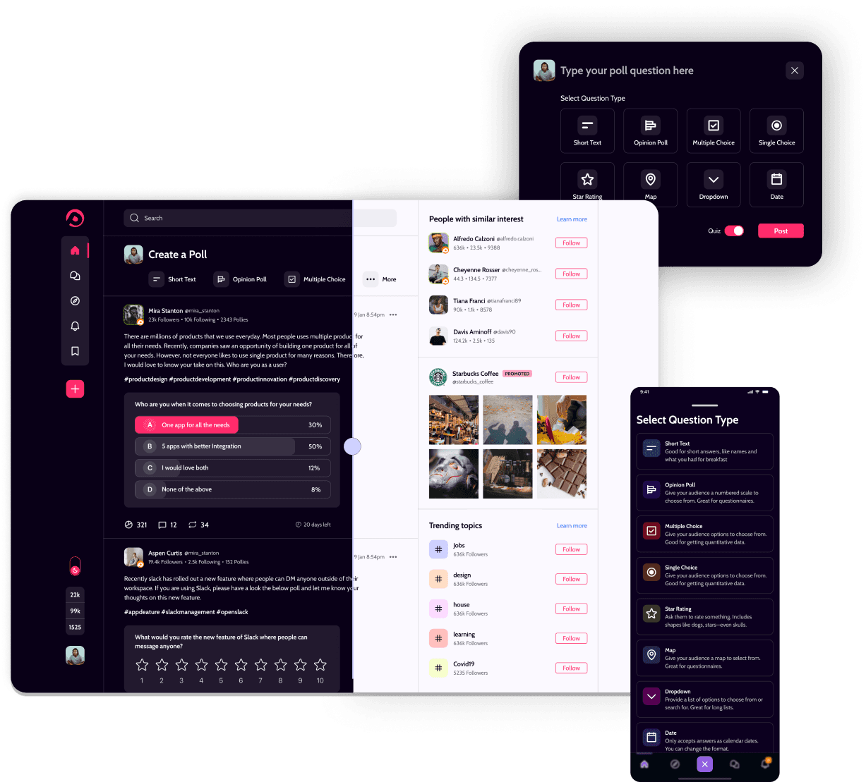 Affy quiz-based social media app screens