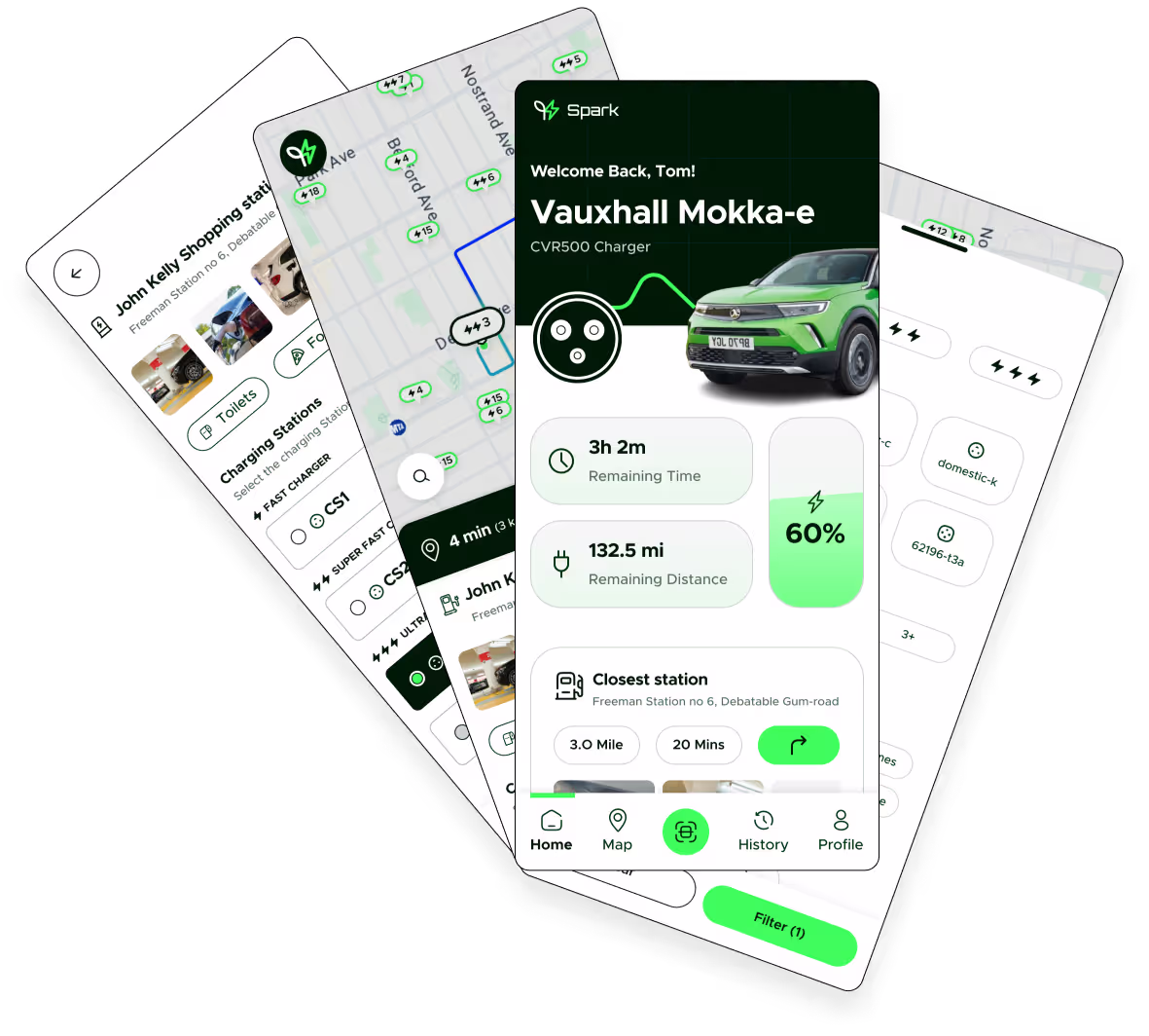 Screens from Spark, an EV charging app designed by Ravi Surana