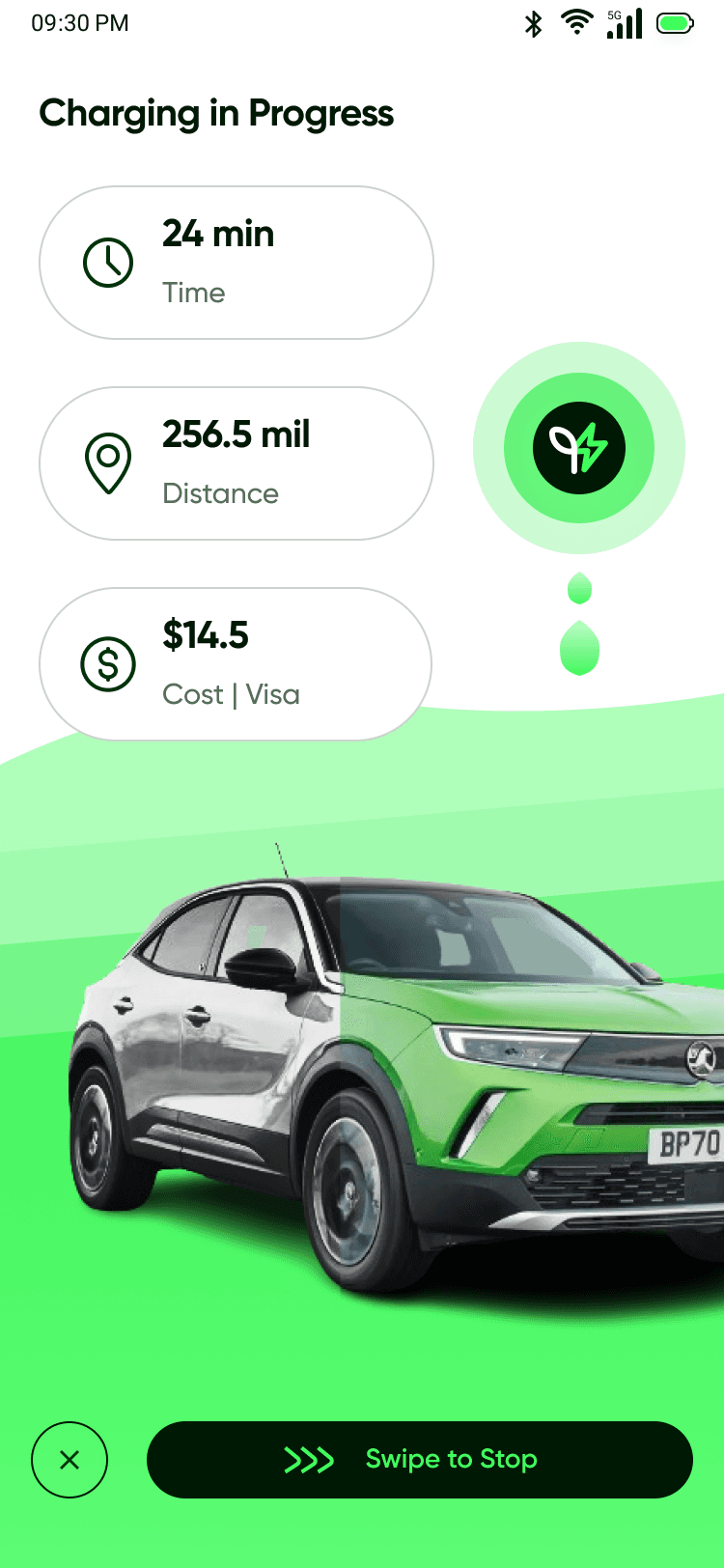 Spark app screen showing a vehicle actively charging
