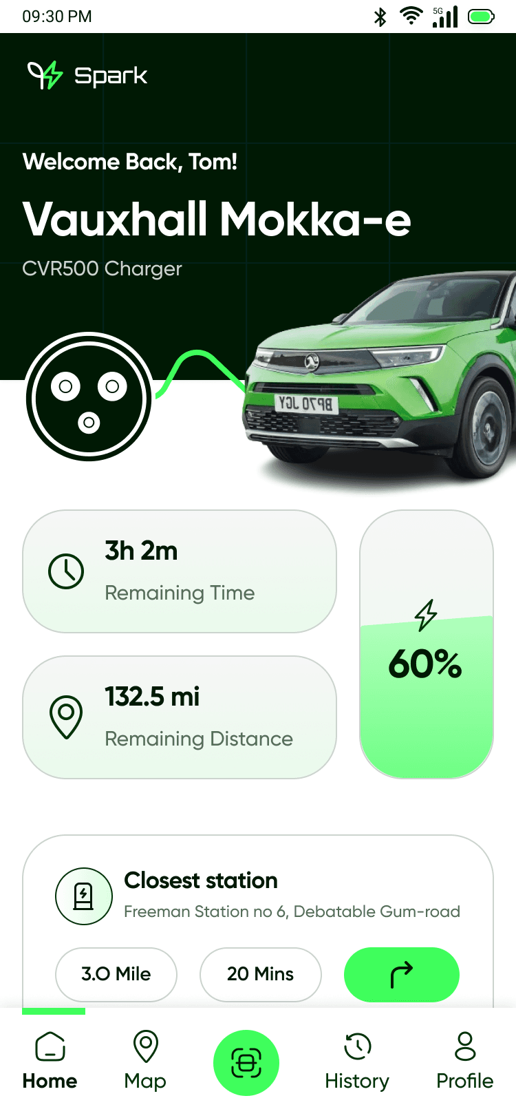 Spark app home screen showing nearby EV charging stations