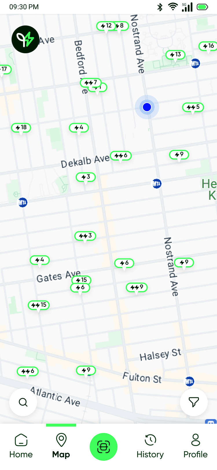 Spark app map view of EV charging station locations