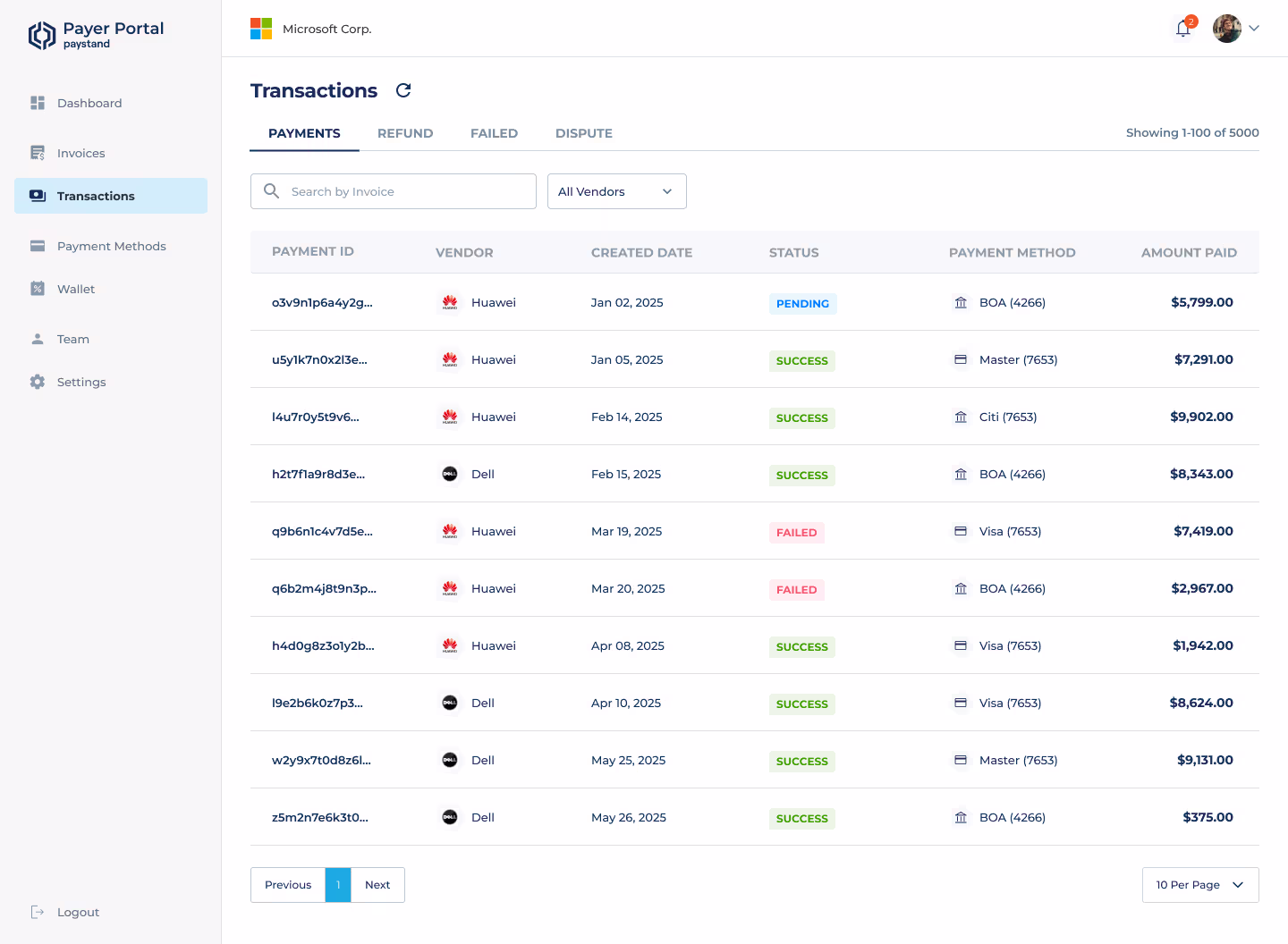 Payer Portal Transactions list showing payment status (pending, success, failed) by vendor and payment method