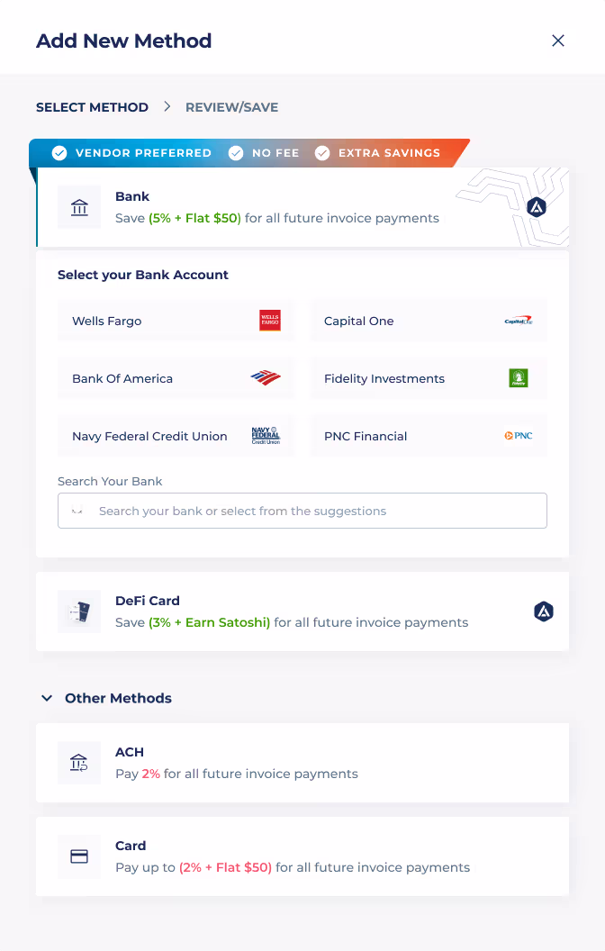 Payer Portal 'Add New Method' modal showing bank selection with fee-saving incentives for ACH and the DeFi Card