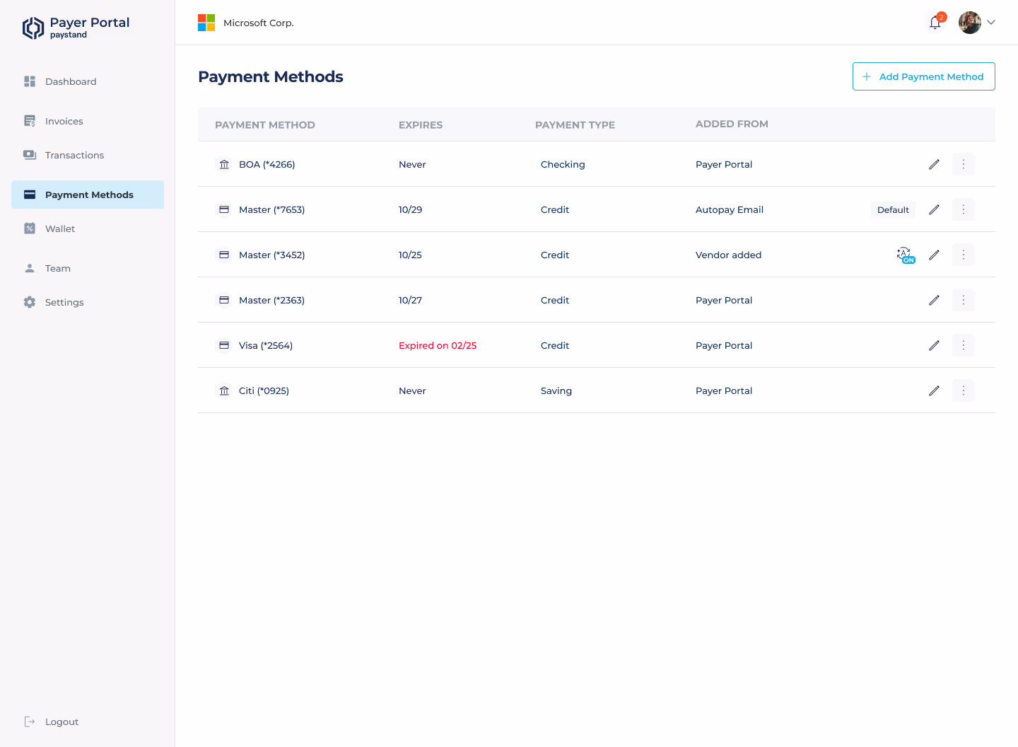 Payer Portal Payment Methods screen listing saved bank accounts and cards