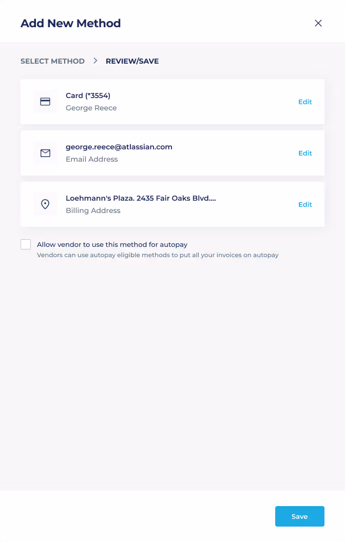 Payer Portal 'Add New Method' review-and-save step confirming card, email, and billing address details