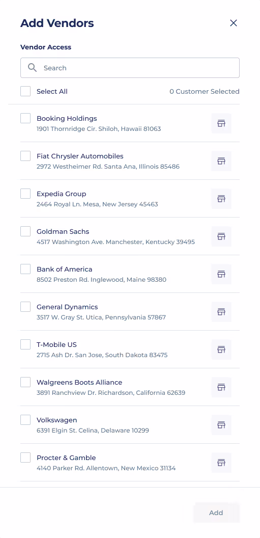 Payer Portal 'Add Vendors' modal for granting a team member access to specific vendors