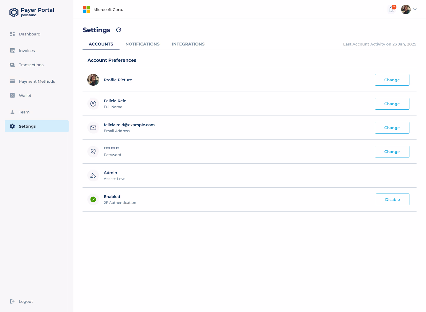 Payer Portal Settings screen showing account preferences and two-factor authentication