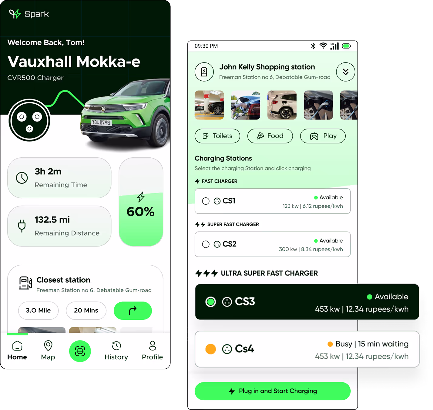 Spark EV charging station app screens