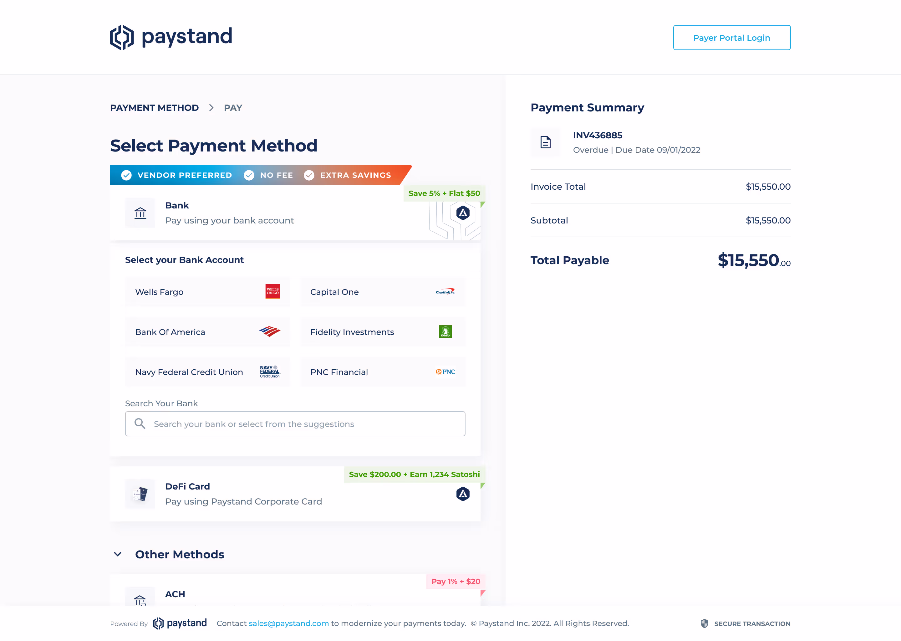 Paystand checkout flow showing all payment methods