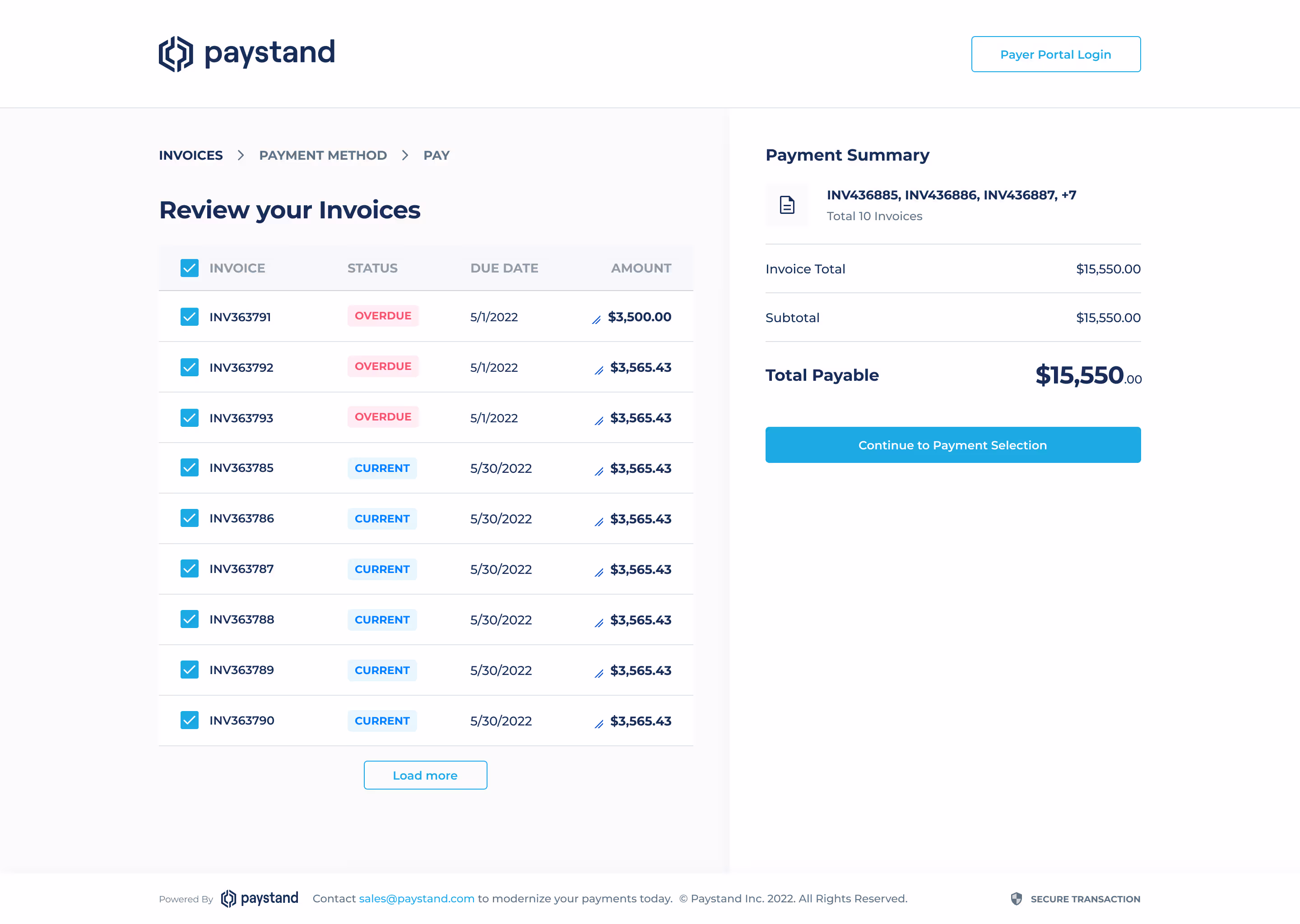 Final checkout design: invoice review step showing the list of invoices to be paid