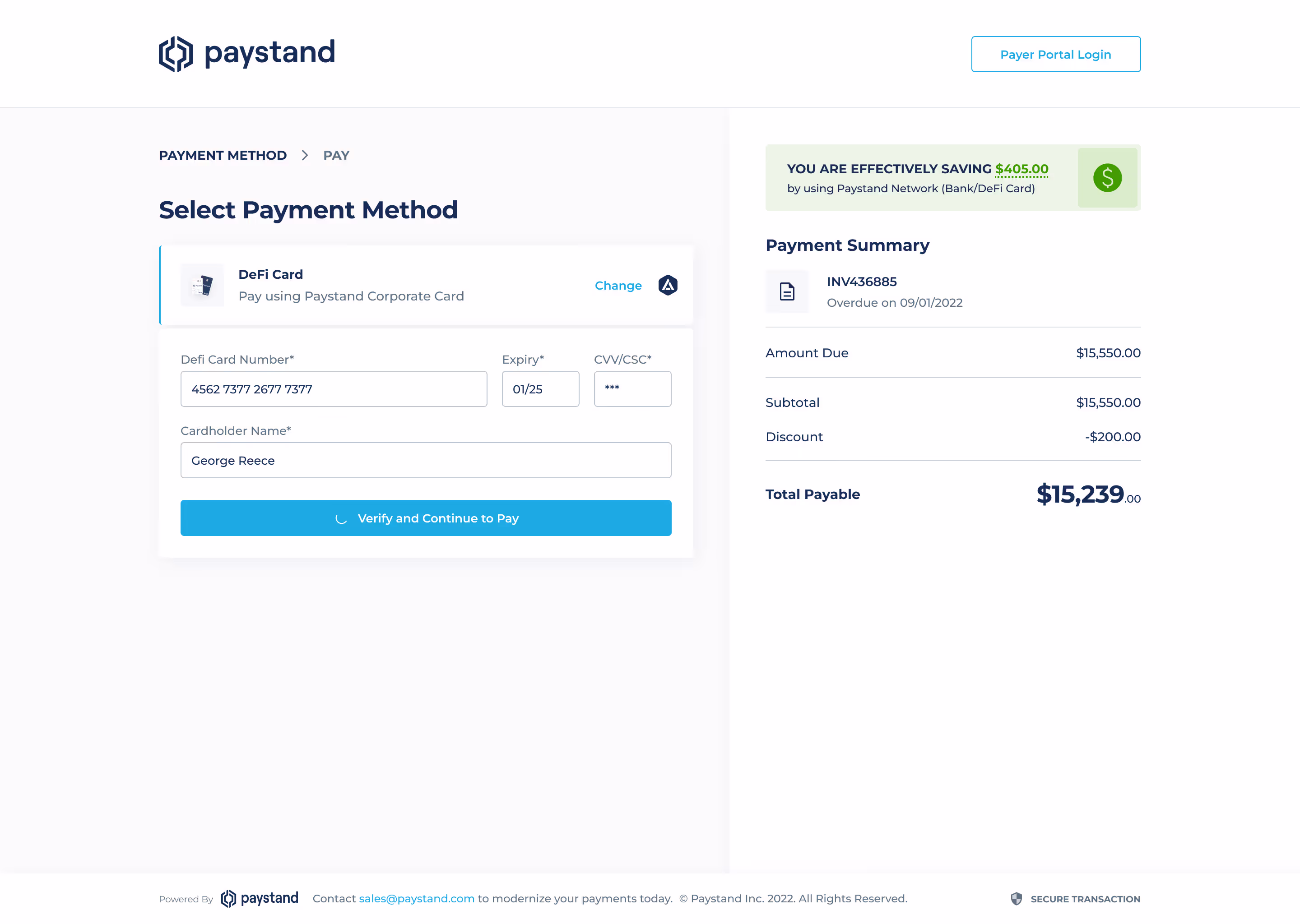 Final checkout design: DeFi Card payment step showing card entry and the savings earned from paying through Paystand's network
