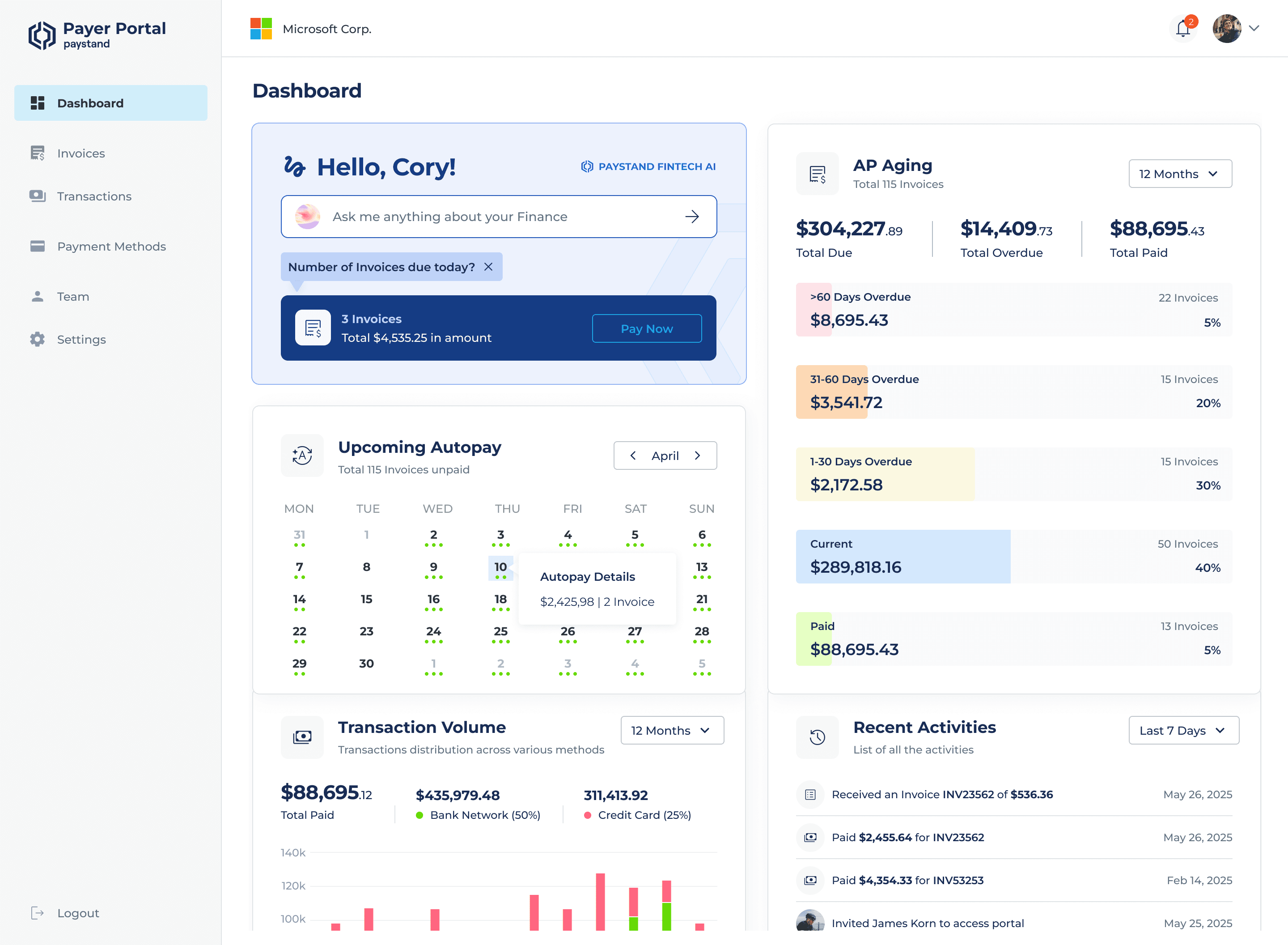 Payer Portal dashboard with the AI assistant answering 'Number of Invoices due today?' and offering a Pay Now action