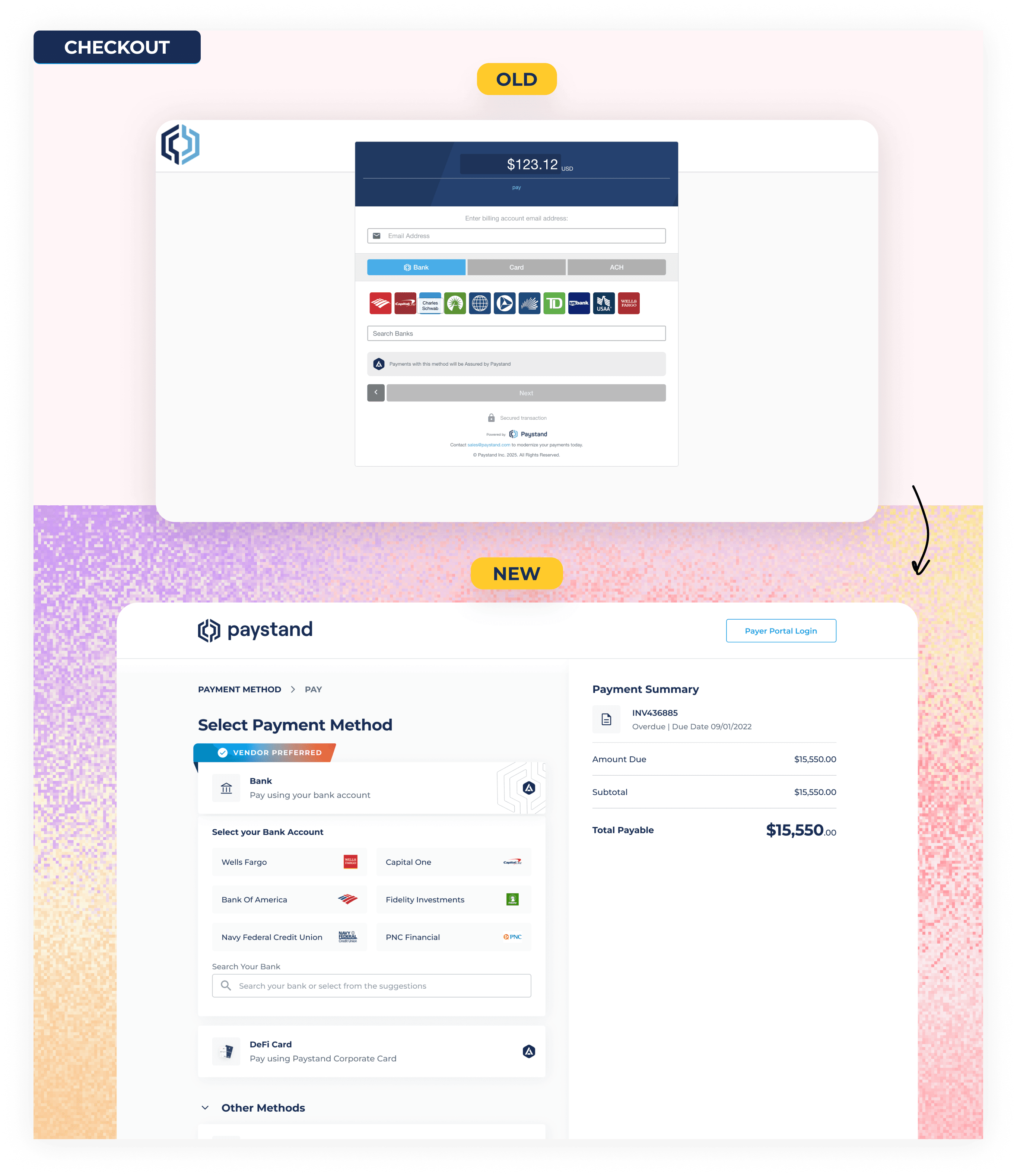 Side-by-side comparison of the old Paystand checkout widget and the new redesigned checkout with DeFi Card support