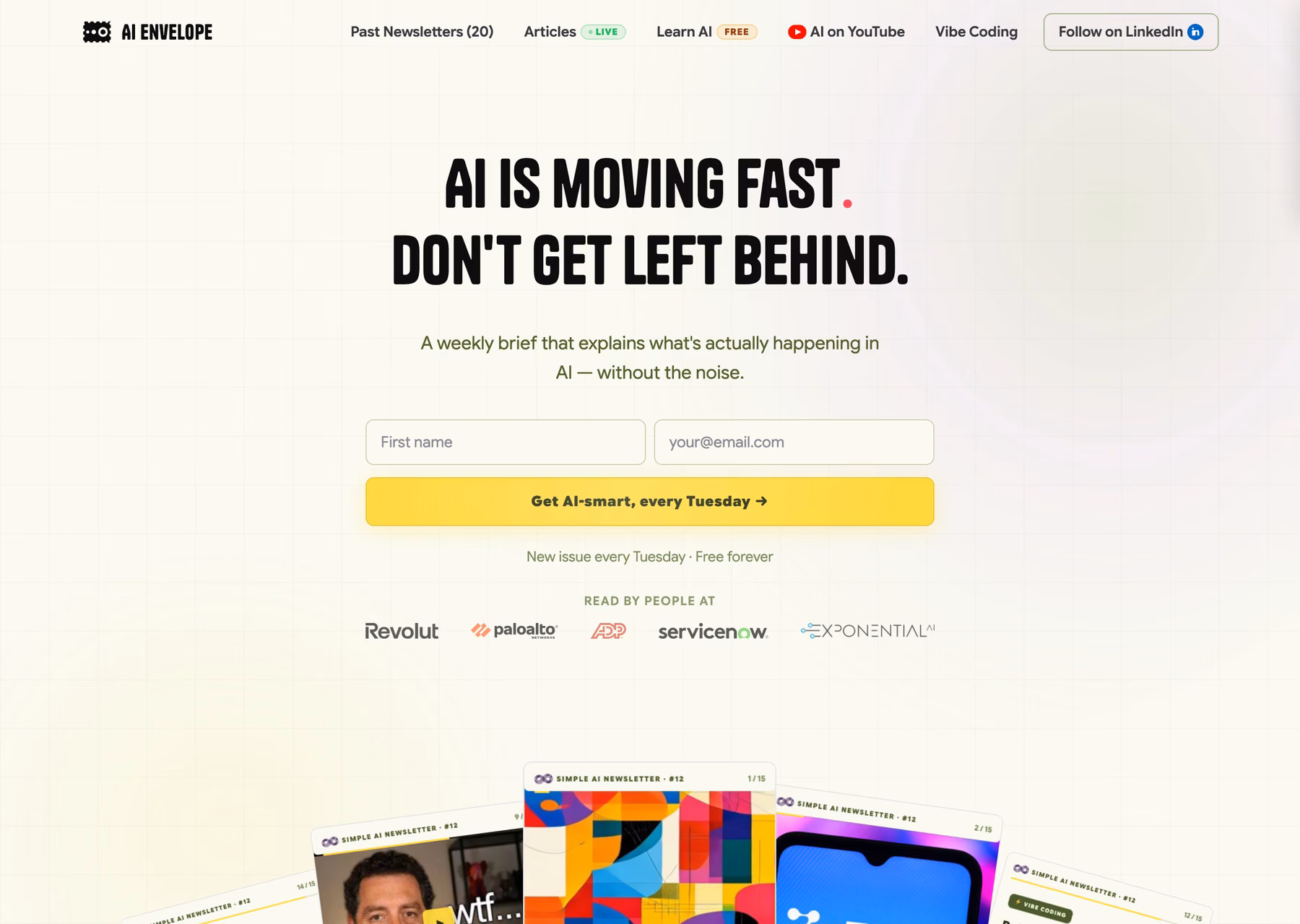 AI Envelope landing page with a weekly AI briefing sign-up form