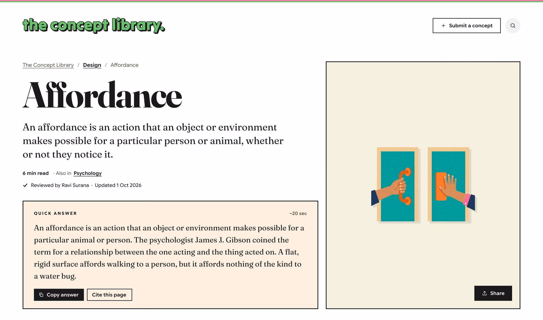 The top of a concept page, with the quick answer, a copy button and a citation