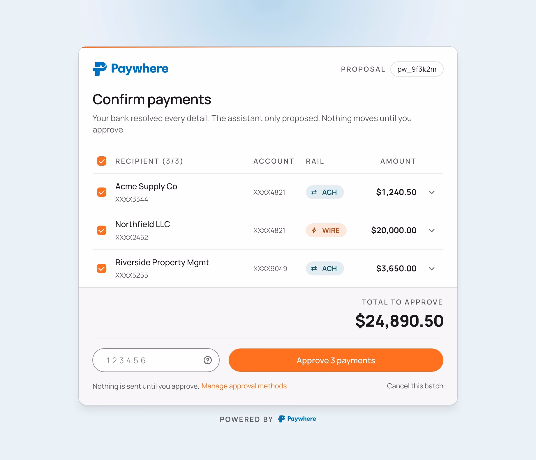 The redesigned payment approval page in the chosen direction, with colour only on the logo and actions