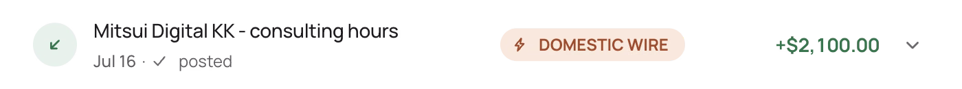 A ledger row built from a rail chip, an amount and a status badge