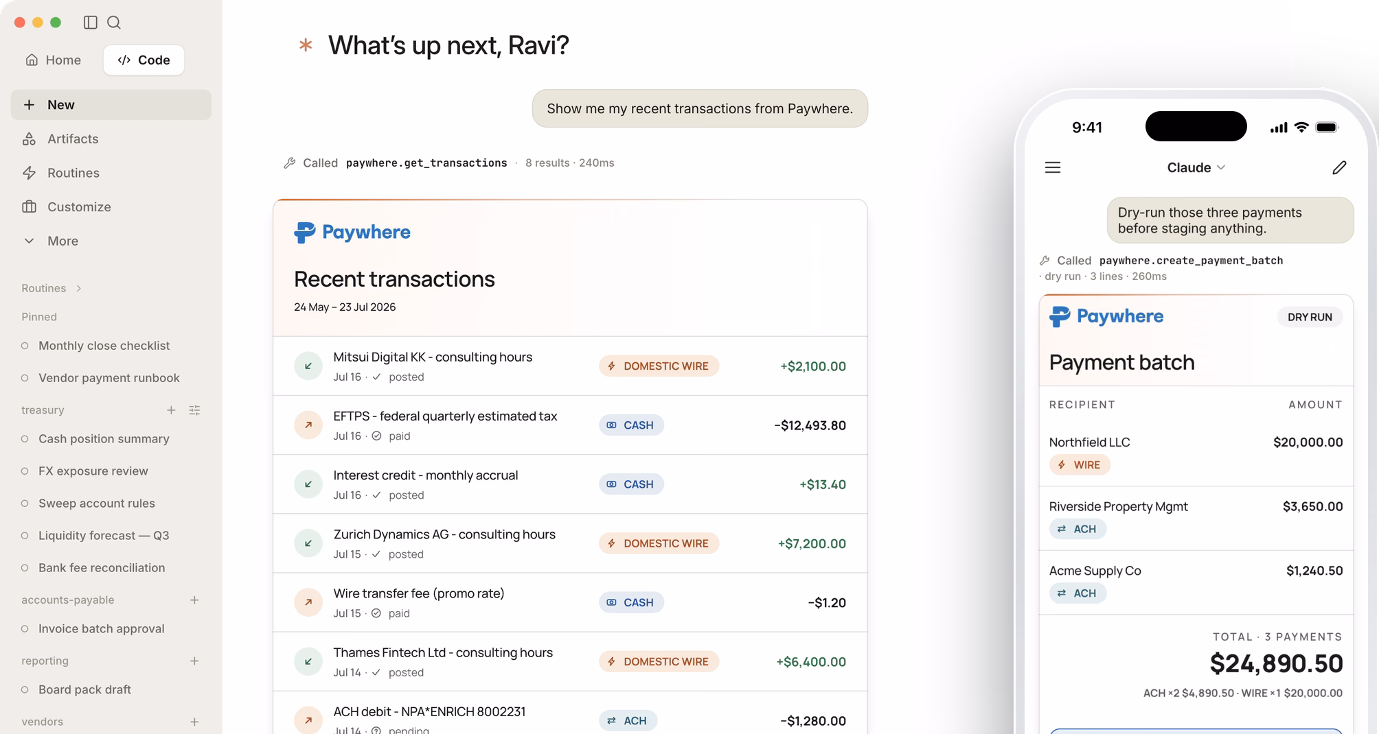 Paywhere's recent-transactions card inside Claude on desktop, with the payment batch card on a phone beside it