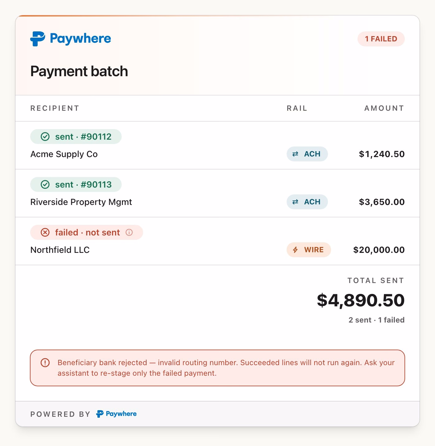 Payment batch card showing two payments sent and one failed
