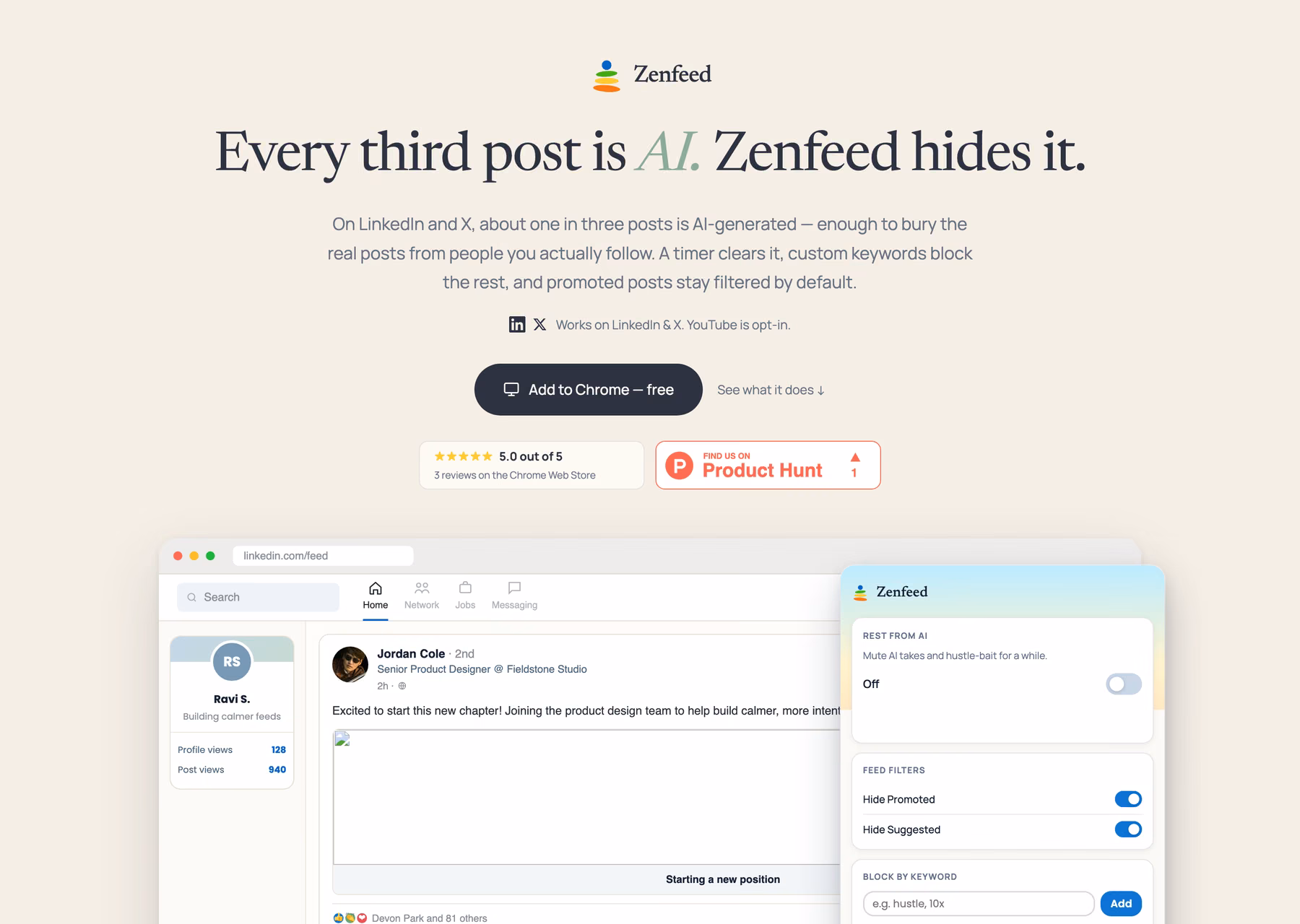 Zenfeed landing page over a LinkedIn feed with the extension's filter panel open