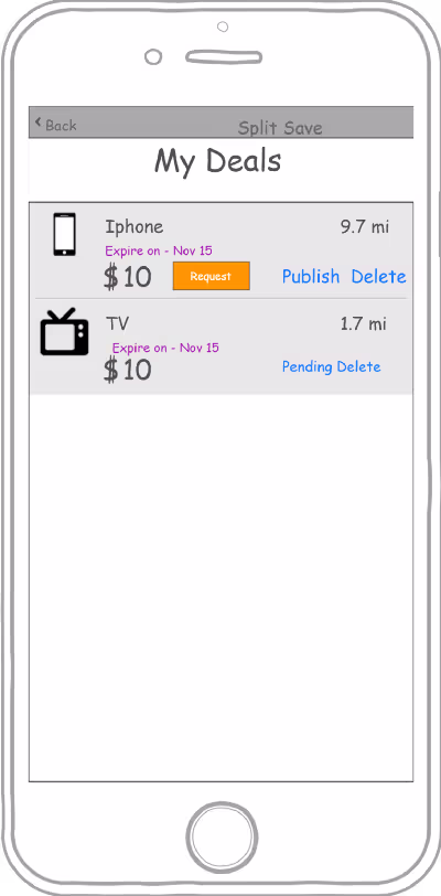 Old SplitnSave app design, screen 5, showing the pre-redesign layout