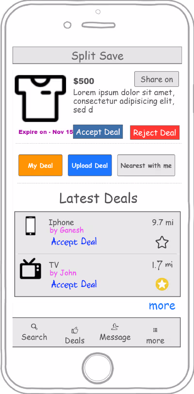 Old SplitnSave app design, screen 2, showing the pre-redesign layout