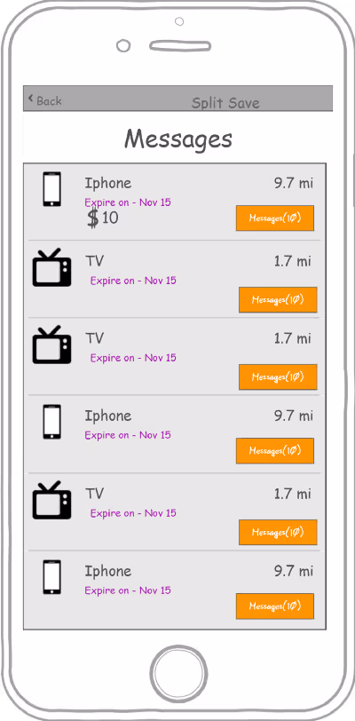 Old SplitnSave app design, screen 4, showing the pre-redesign layout