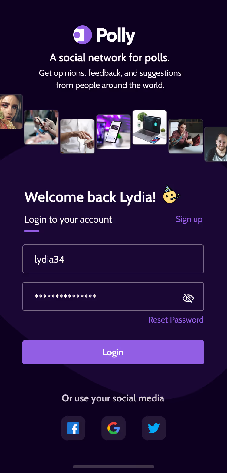Affy mobile login screen, dark mode