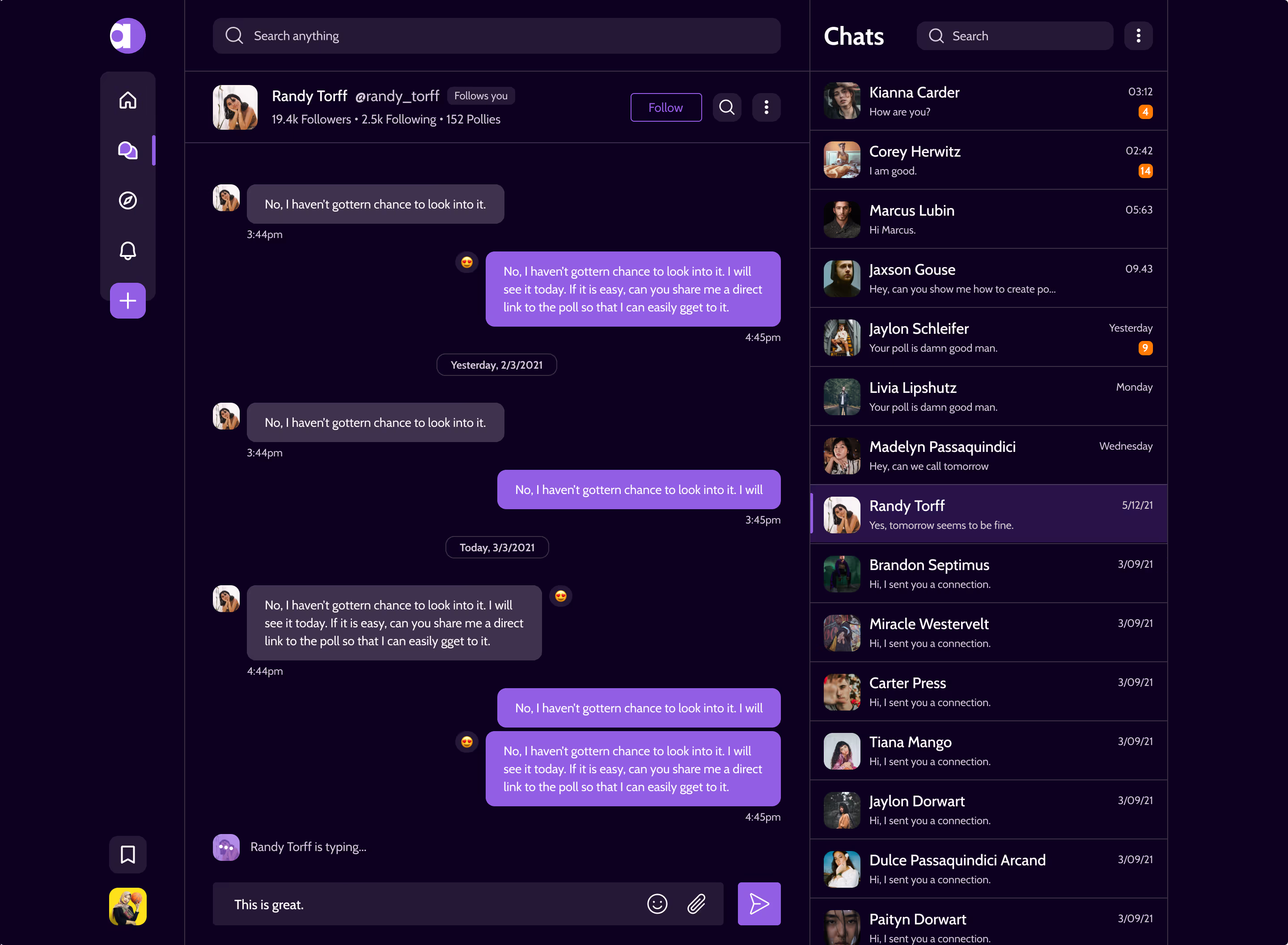 Affy chat screen, dark mode