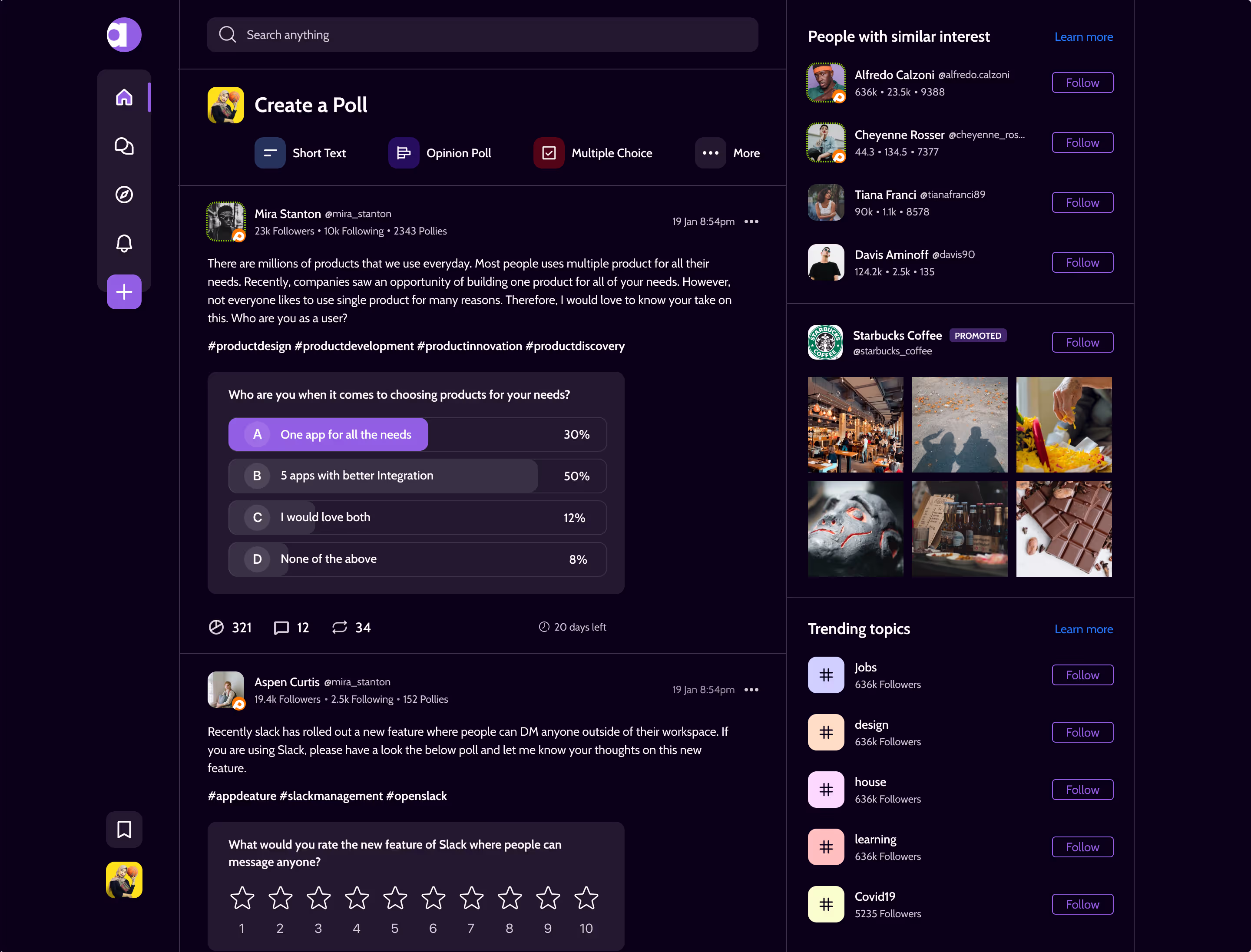 Affy poll feed screen, dark mode