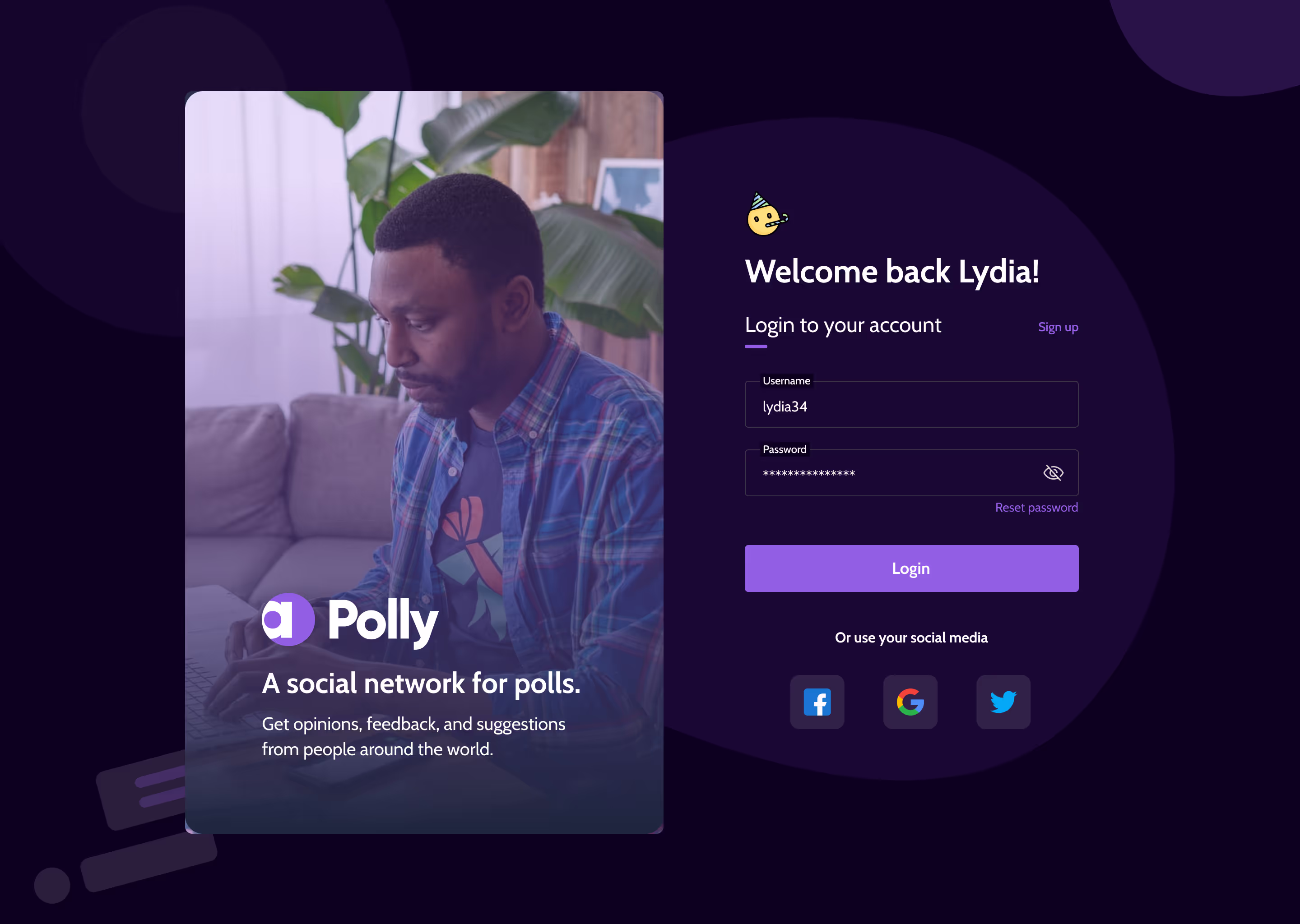 Affy login screen, dark mode