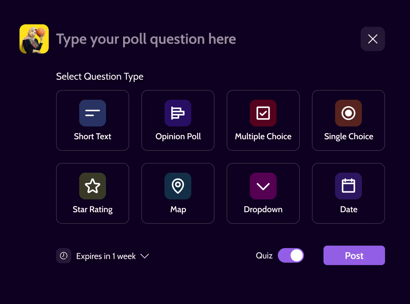 Affy poll question screen, dark mode