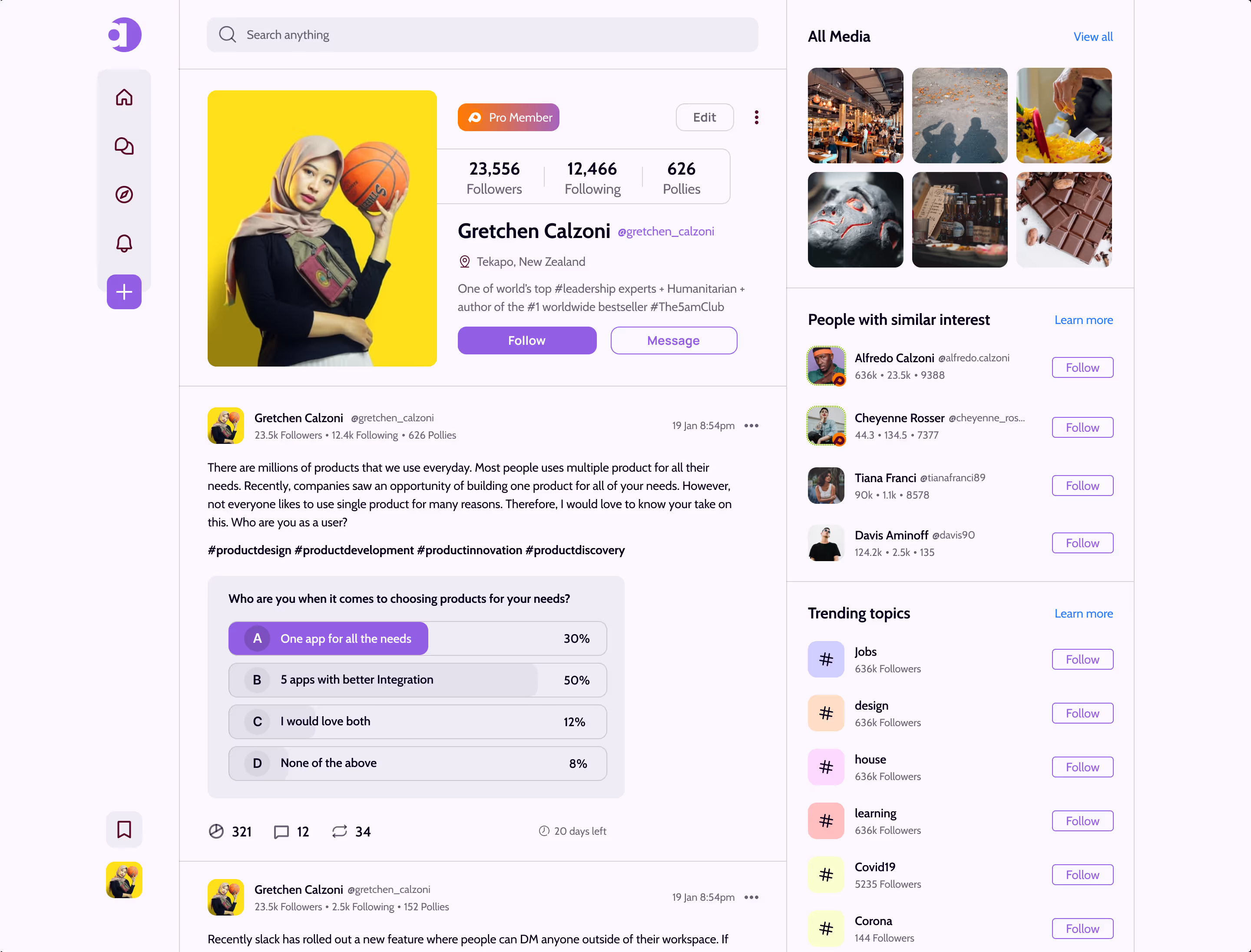 Affy user profile screen, light mode