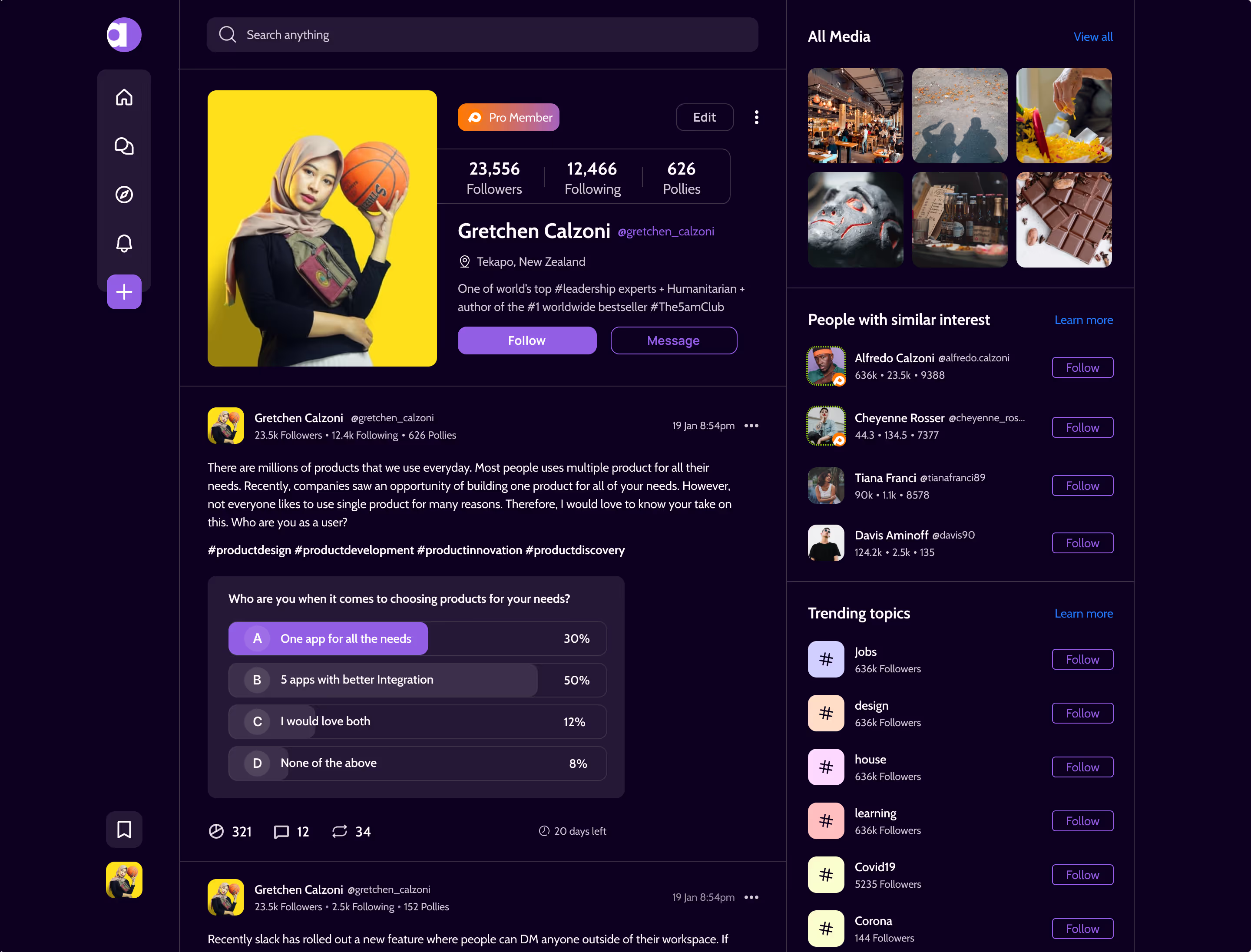 Affy user profile screen, dark mode