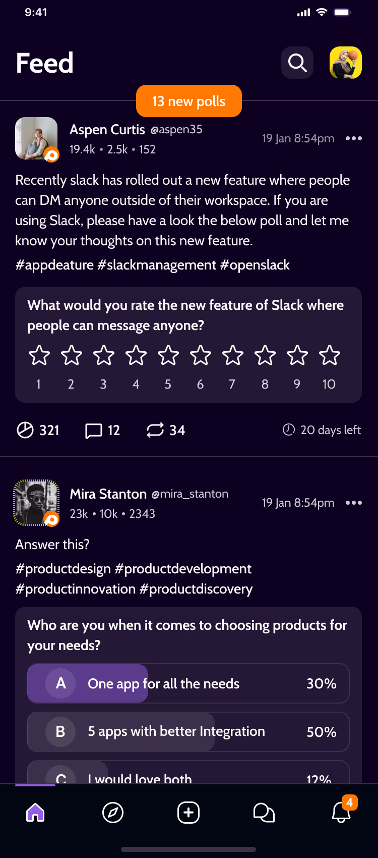 Affy mobile poll feed screen, dark mode