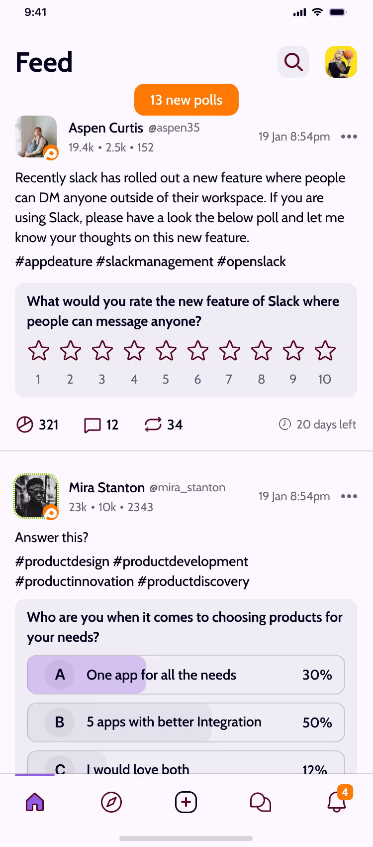 Affy mobile poll feed screen, light mode