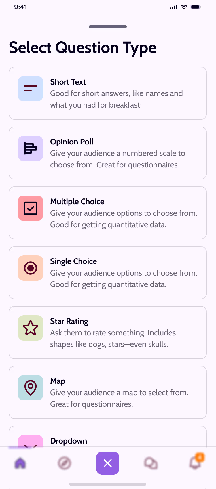 Affy create-a-poll question screen, light mode