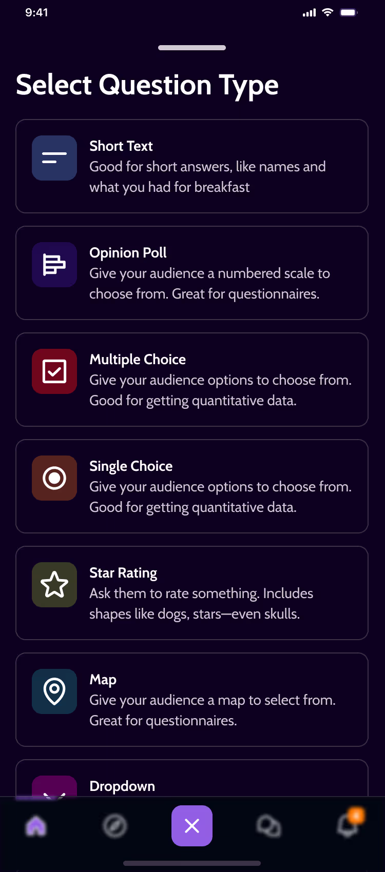 Affy create-a-poll question screen, dark mode