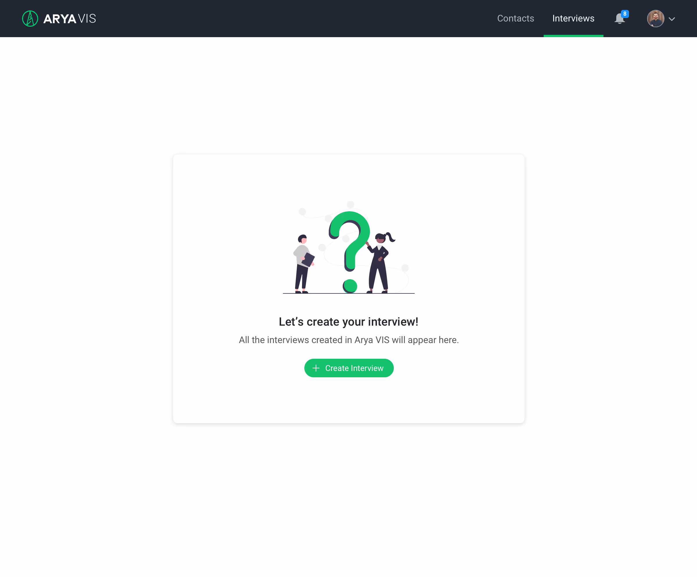 Arya VIS empty state prompting the user to create their first interview