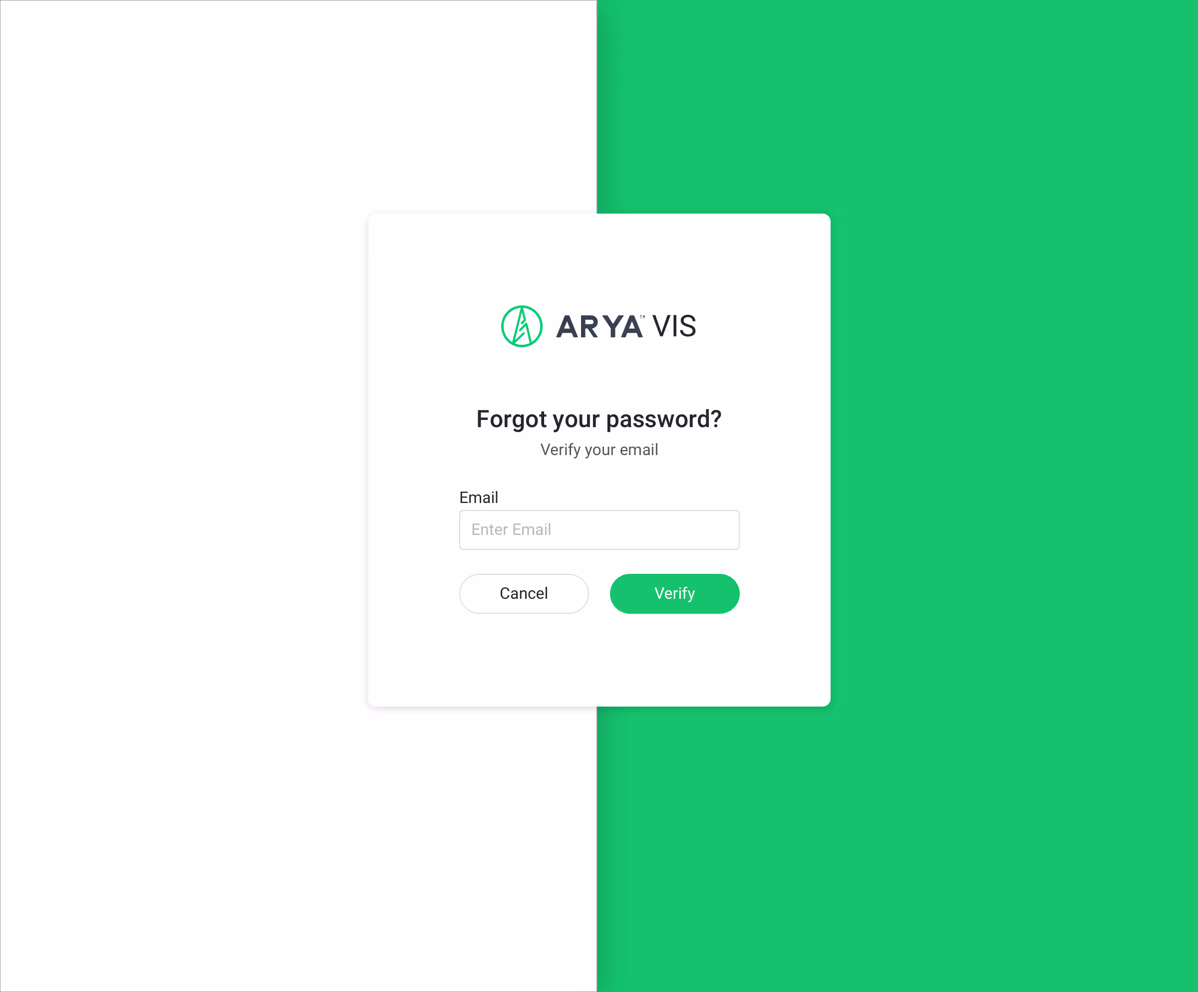 Arya VIS 'forgot your password' email verification modal