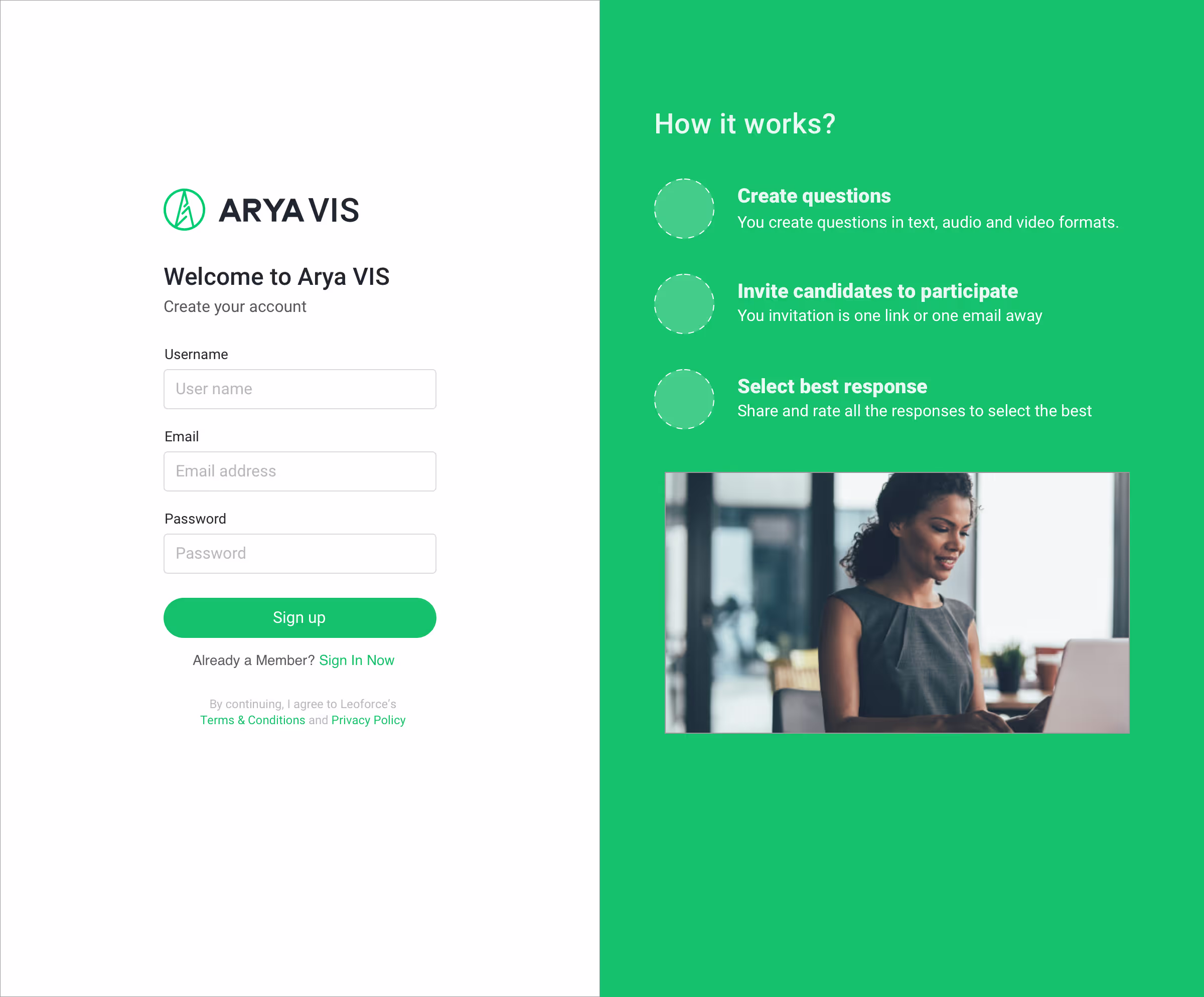 Arya VIS sign-up screen with a 'How it works' overview: create questions, invite candidates, and select the best response