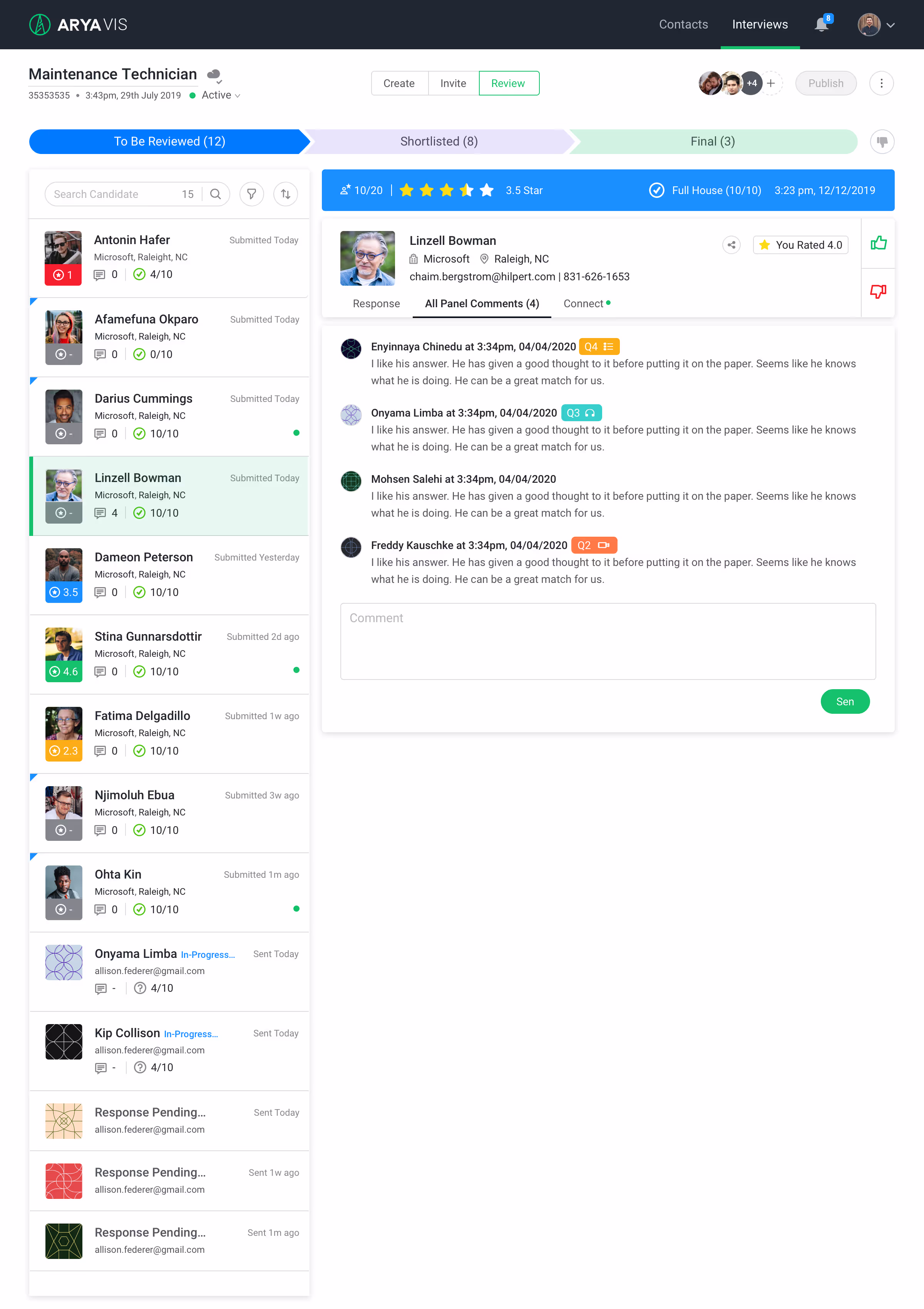 Arya VIS 'All Panel Comments' tab showing feedback from multiple panel members on a candidate's answers